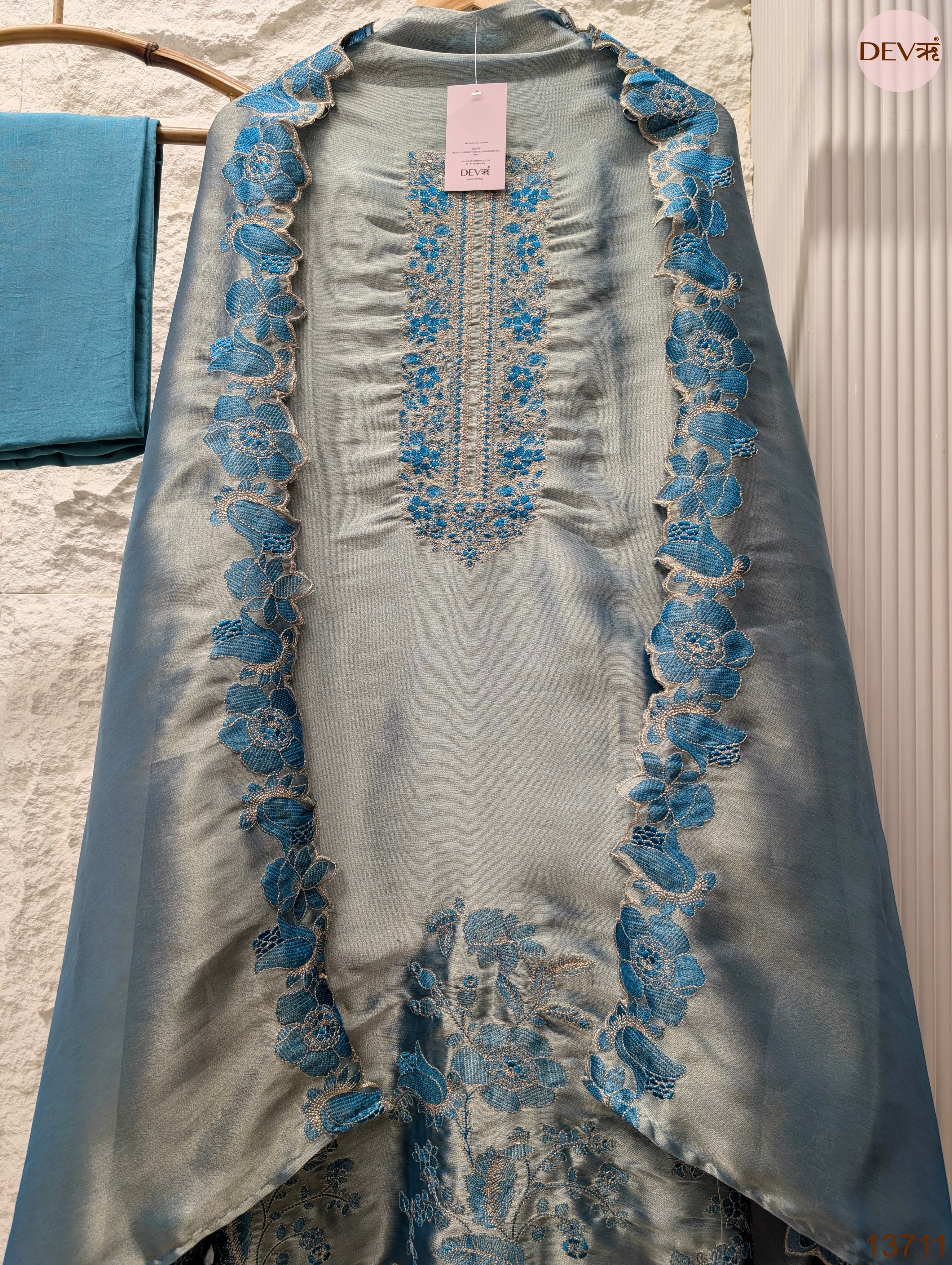 Grey Silk Blend Embroidered Unstitched 3-Piece Suit (Devri – D.No 13711)