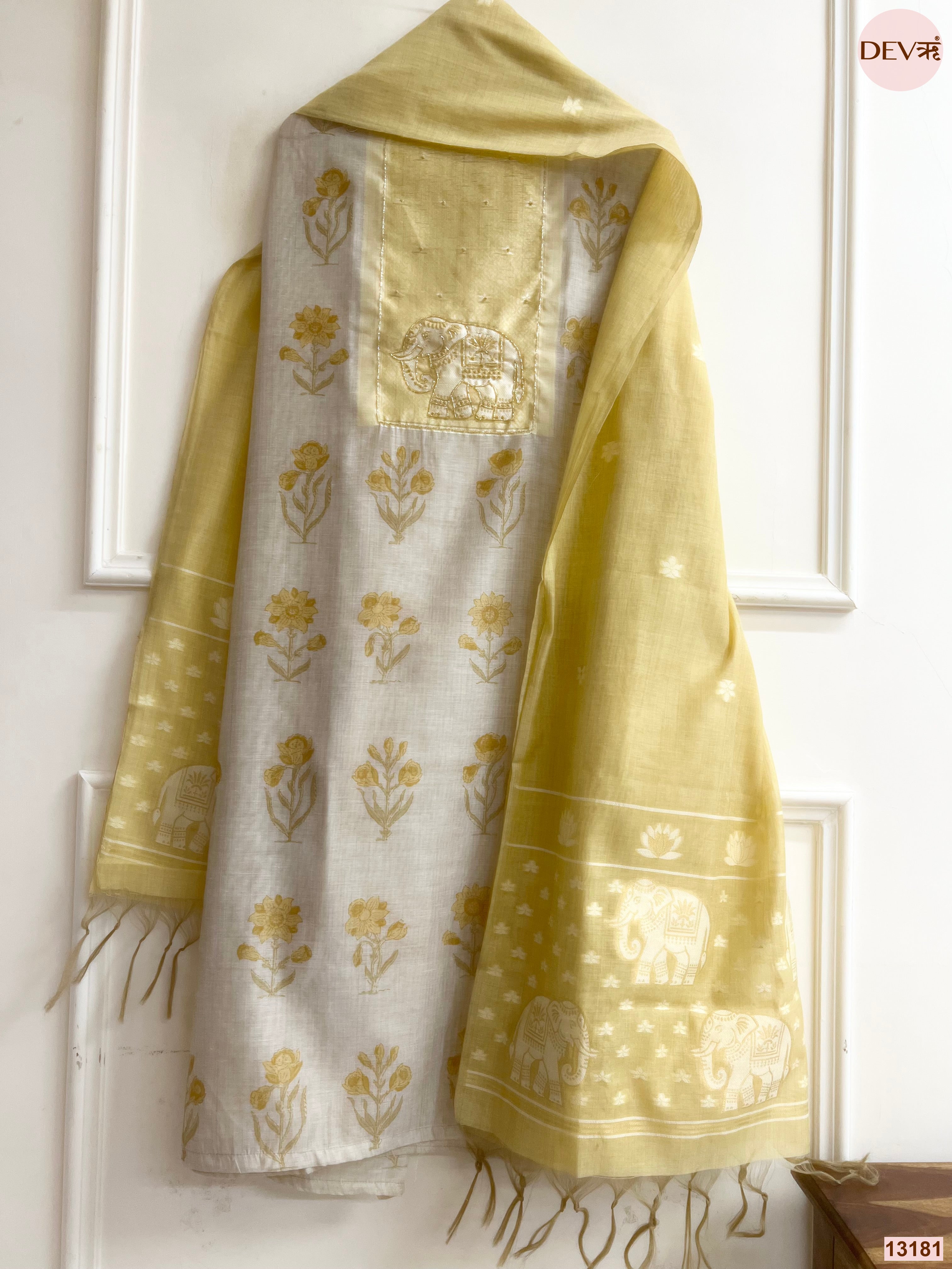 Yellow Mul Chanderi Printed Unstitched 3-Piece Suit (Devri – D.No 13181)