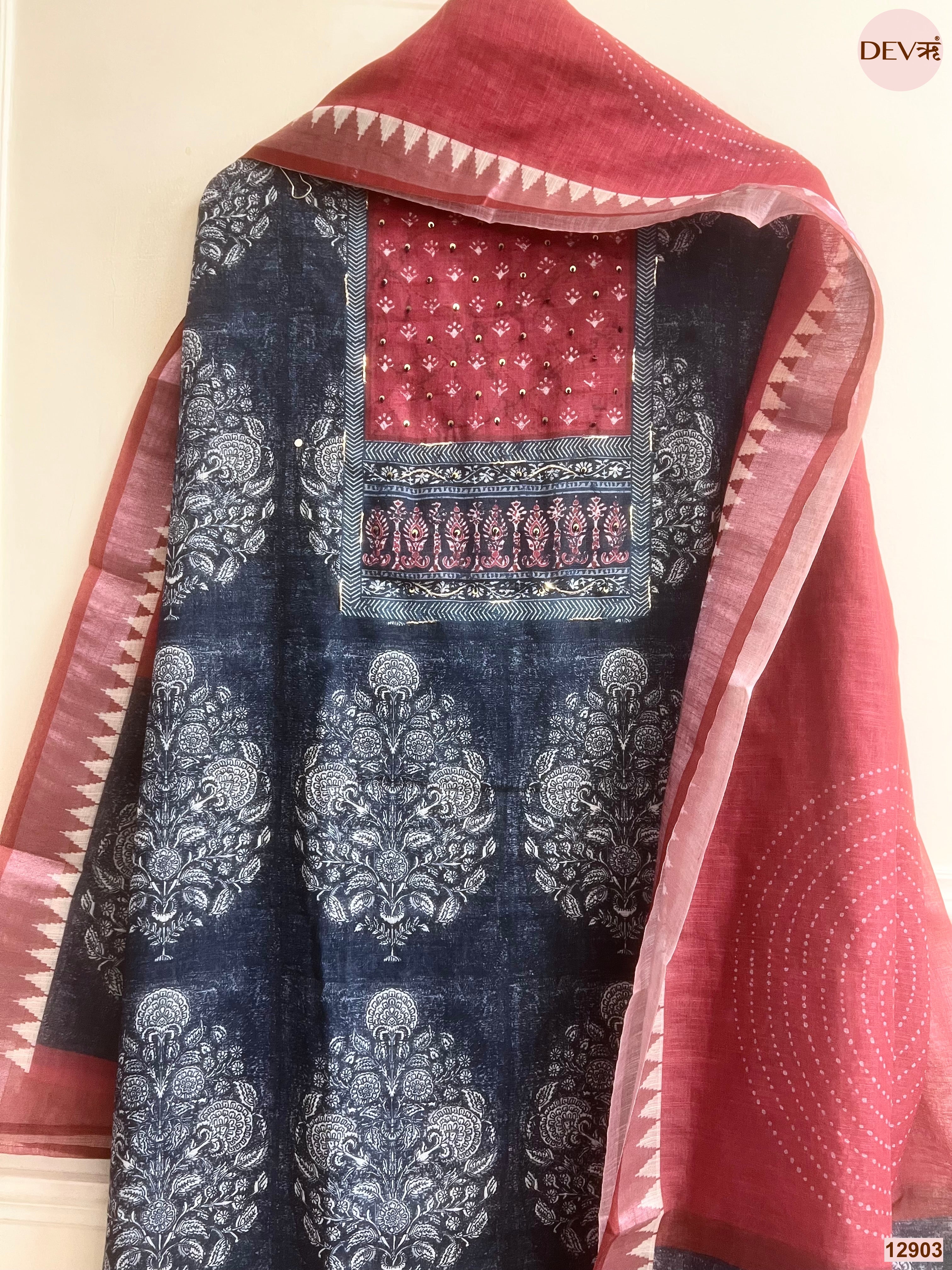 Maroon Linen Cotton Printed Unstitched 3-Piece Suit (Devri – D.No 12903)