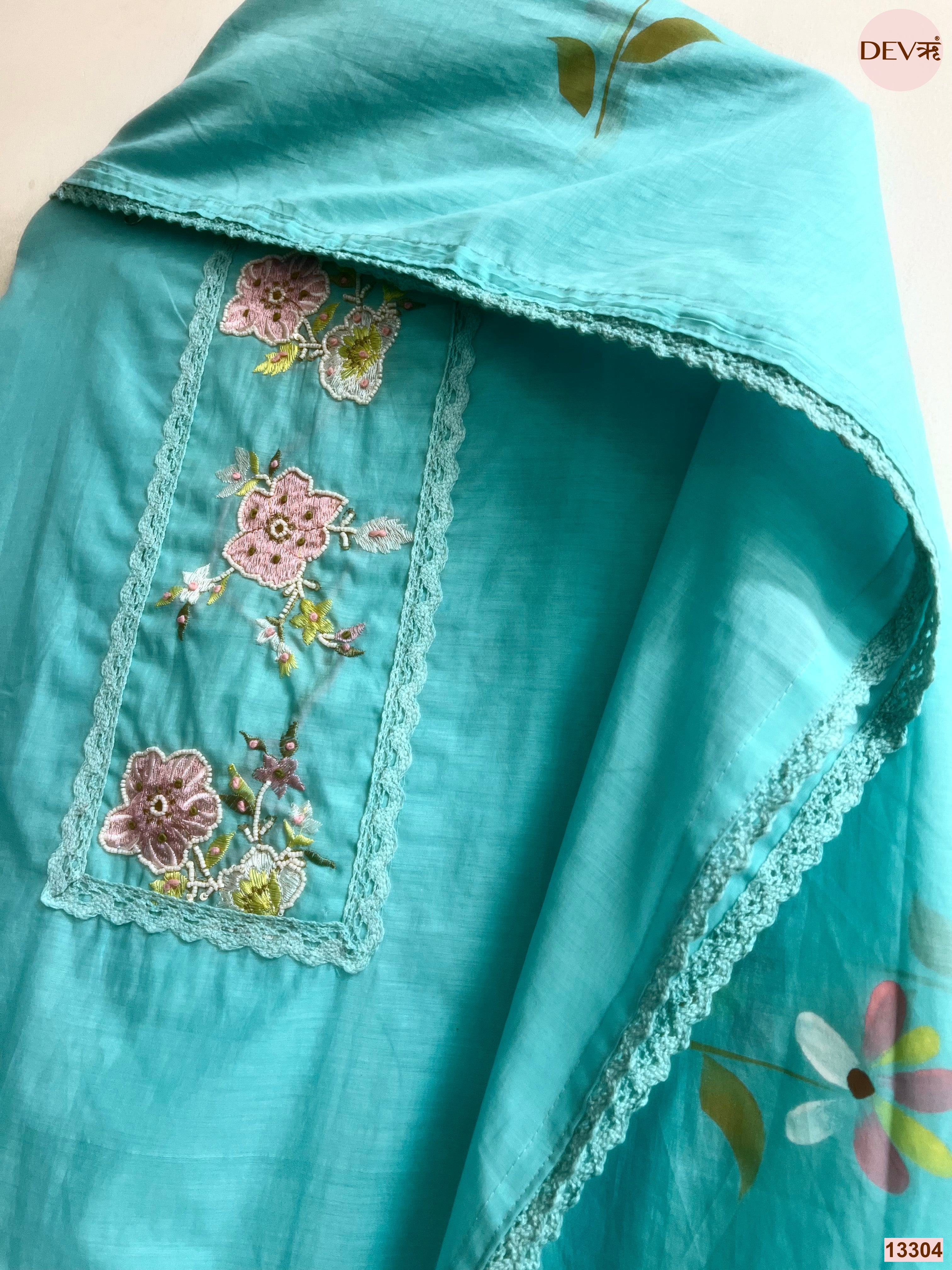 Turquoise Mul Cotton Embroidered Unstitched 3-Piece Suit (Devri – D.No 13304)