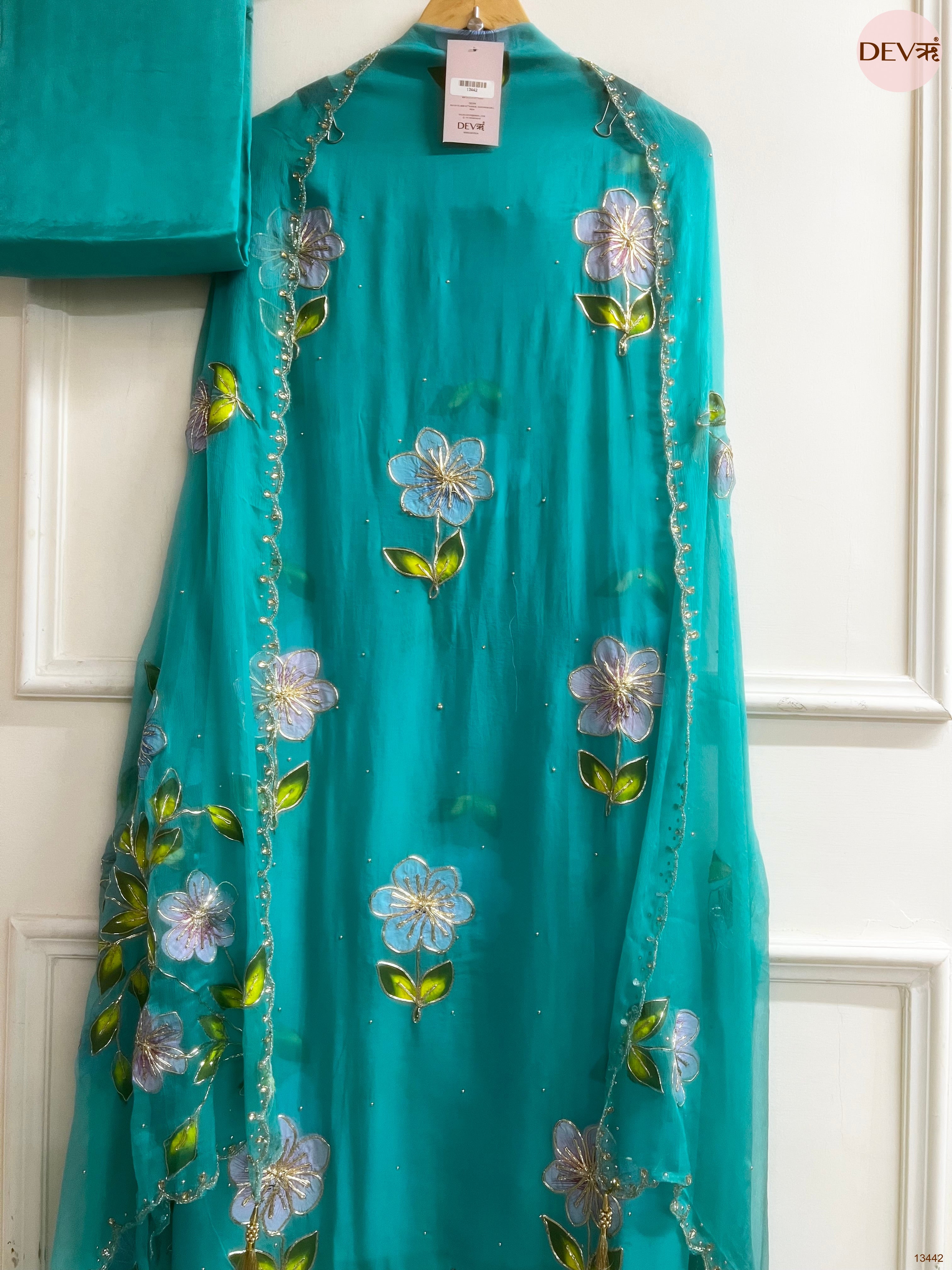 Teal viscose organza Embroidered Unstitched 3-Piece Suit (Devri – D.No 13442)