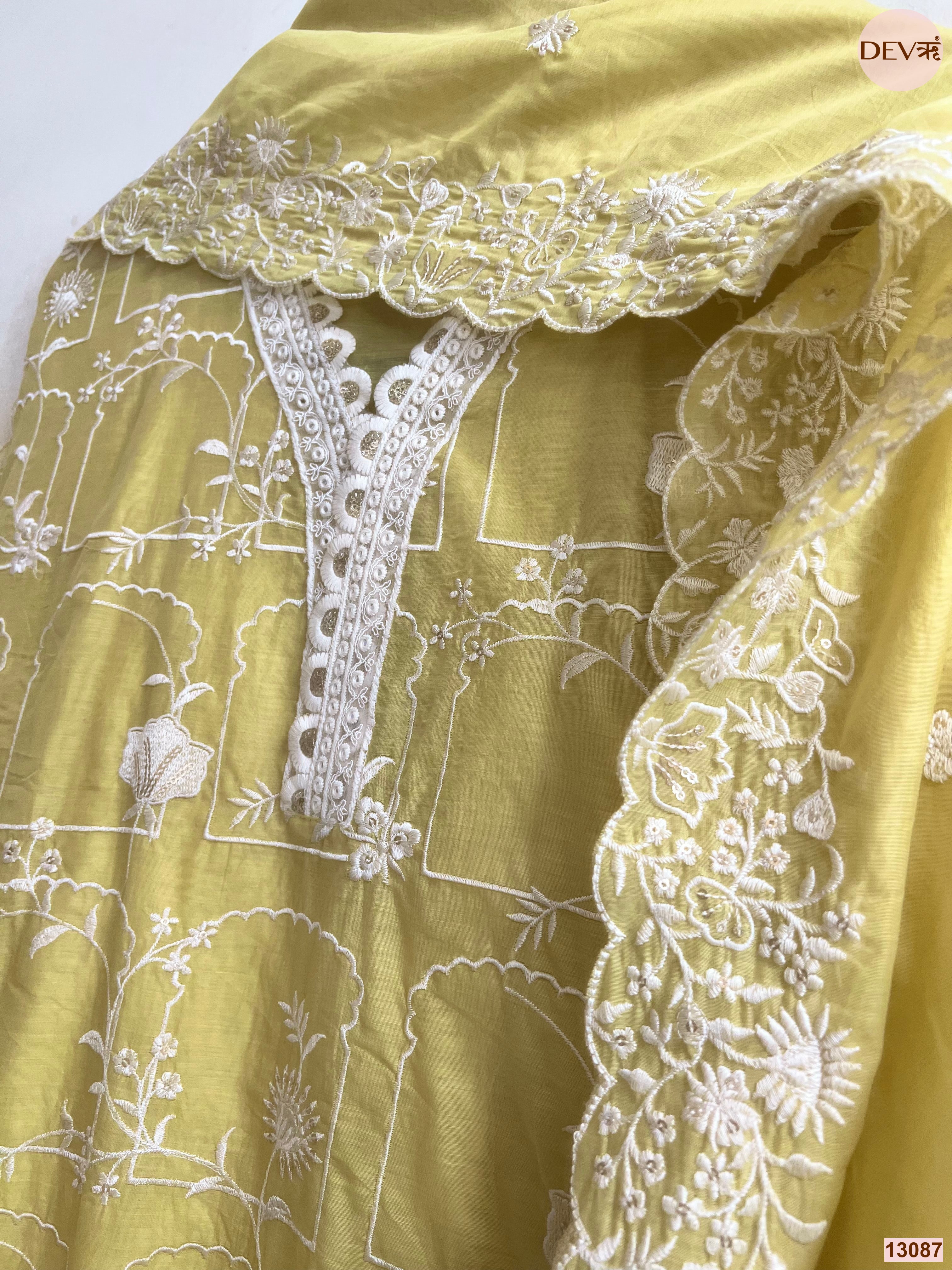 Yellow Mul Chanderi Embroidered Unstitched 3-Piece Suit (Devri – D.No 13087)
