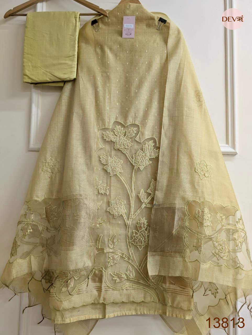 Beige Mul Chanderi Embroidered Unstitched 3-Piece Suit (Devri – D.No 13813)