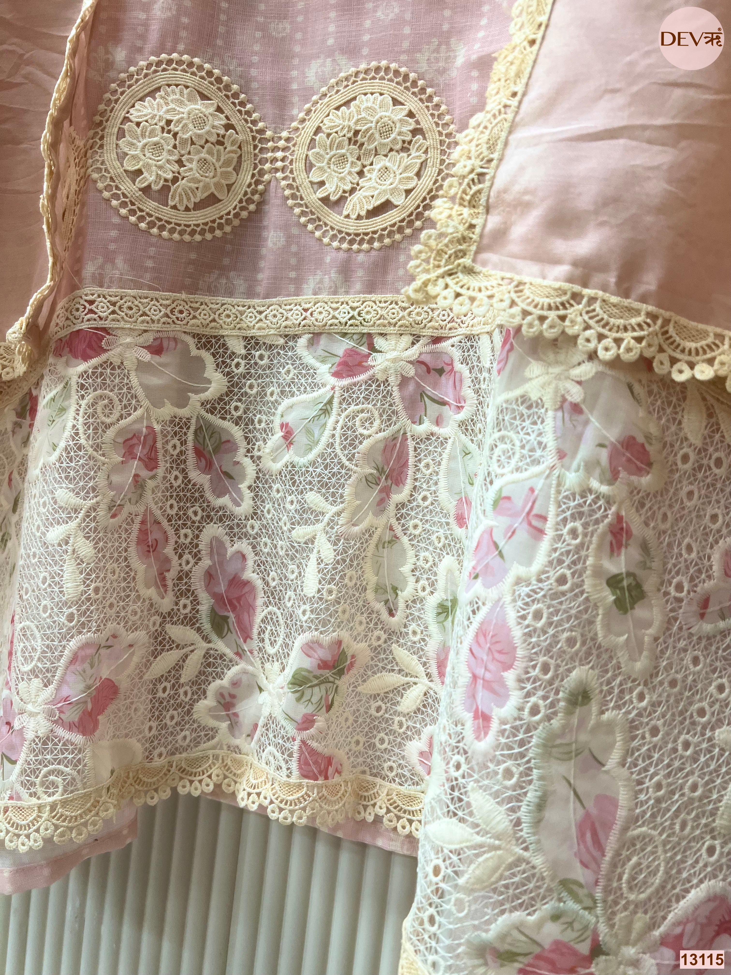 Pink Linen Cotton Embroidered Unstitched 3-Piece Suit (Devri – D.No 13115)