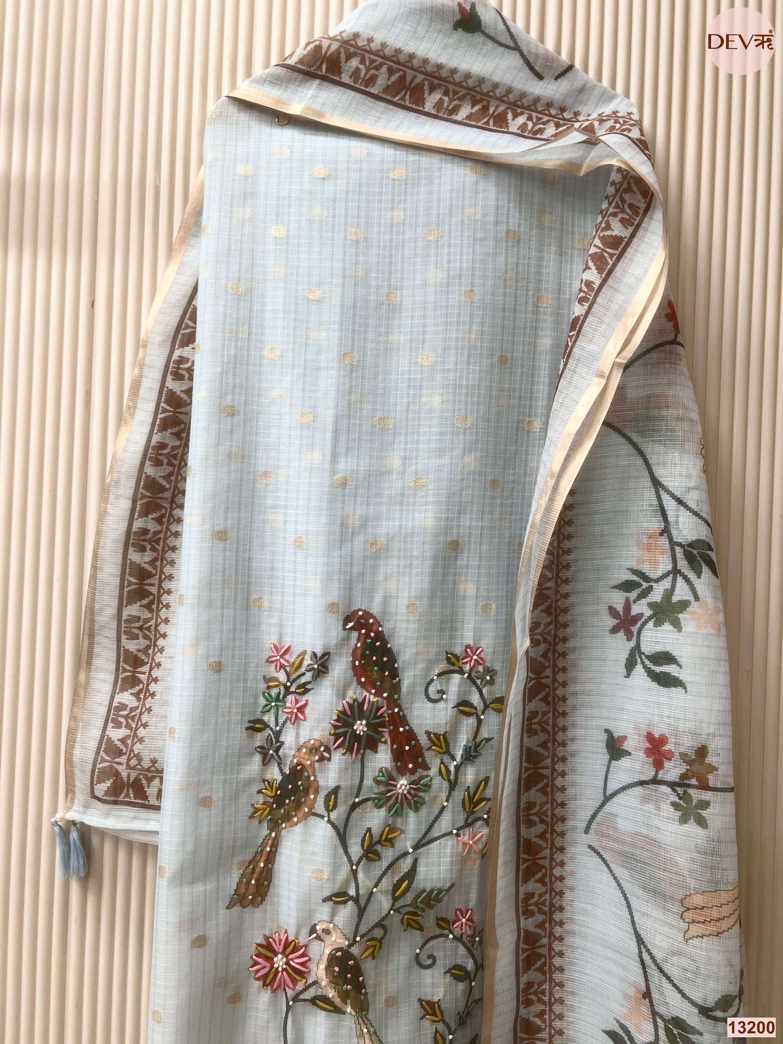Blue Kota Embroidered Unstitched 3-Piece Suit (Devri – D.No 13200)