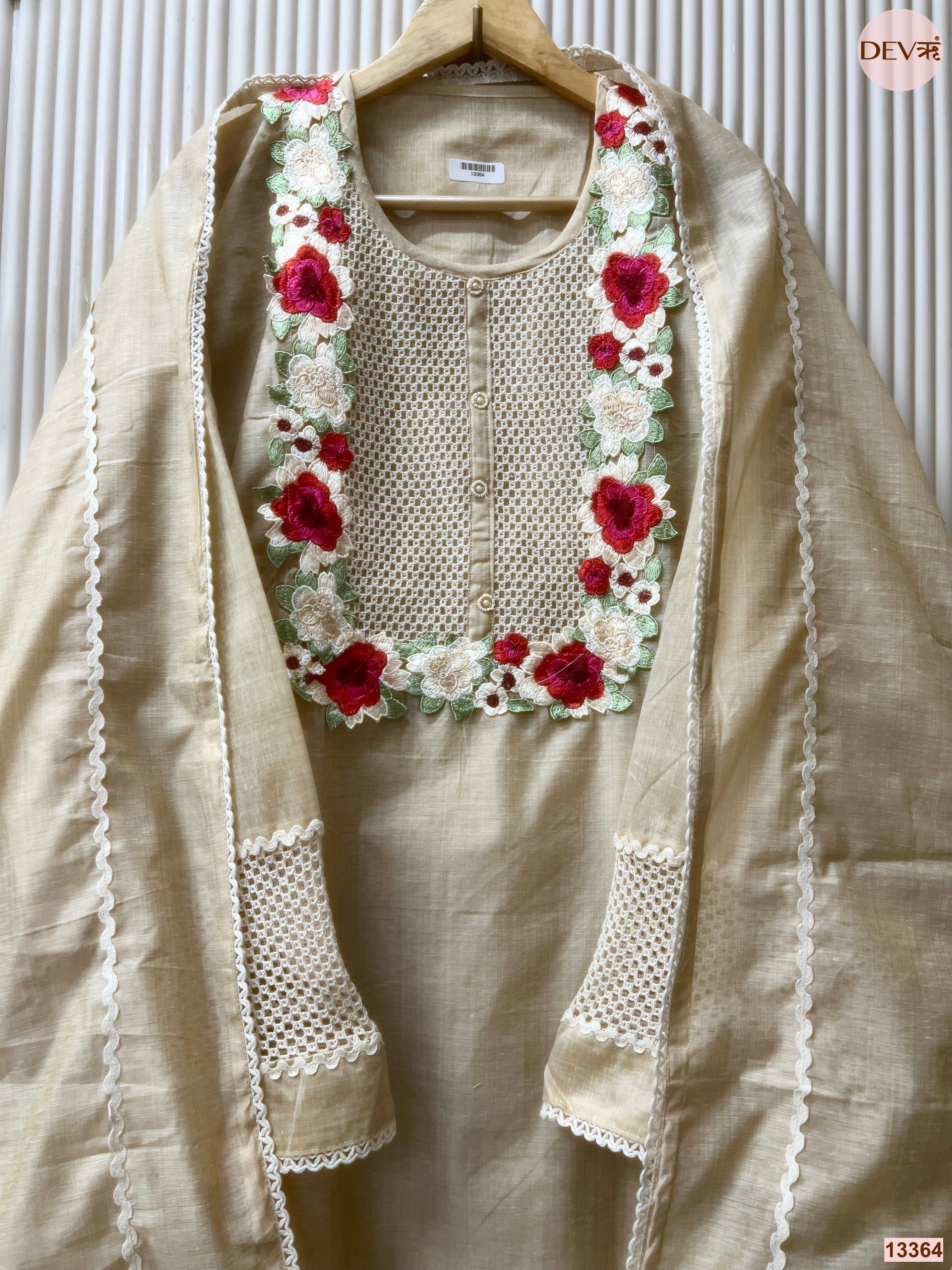 Beige Mul Chanderi Embroidered Unstitched 3-Piece Suit (Devri – D.No 13364)