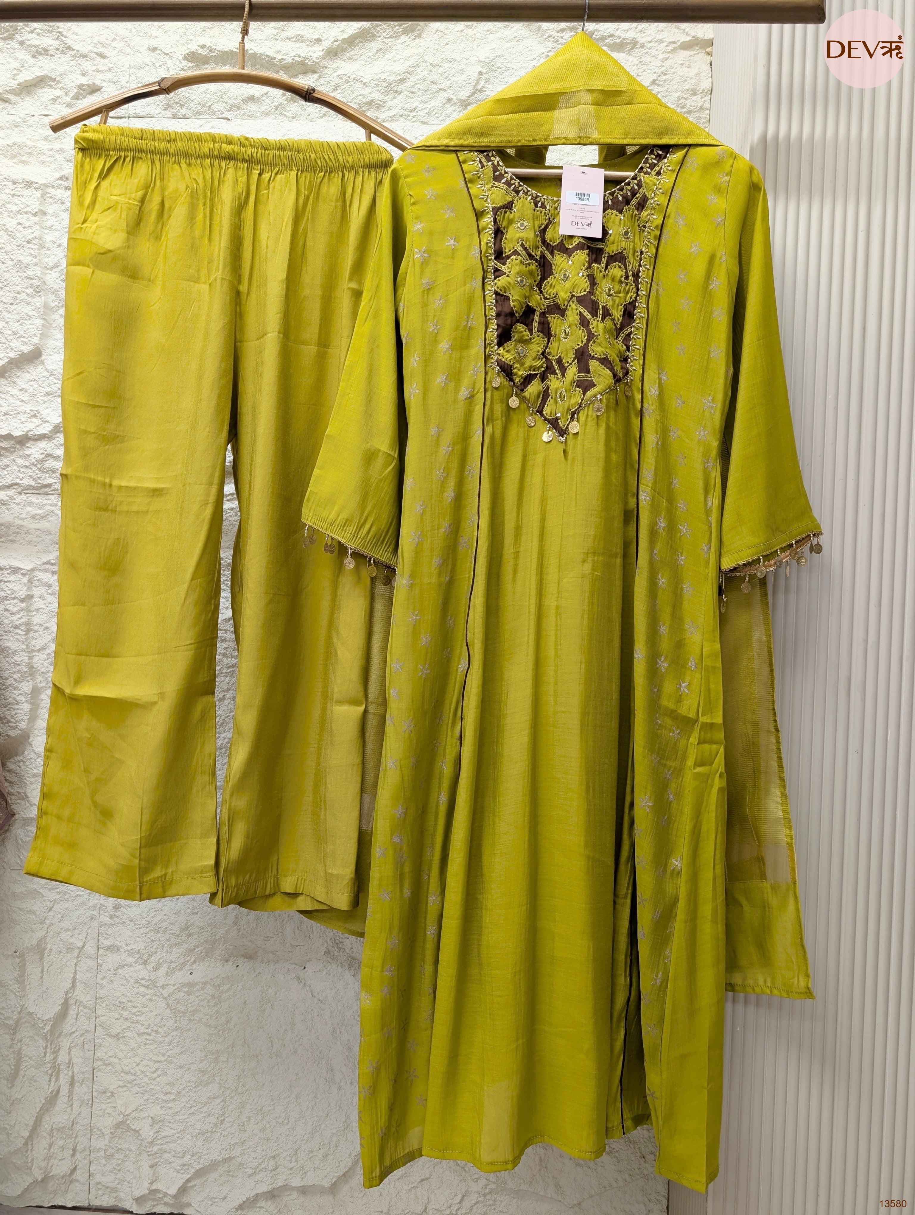 Gulnaar Mul Chanderi Embroidered Lime Green 3-Piece Set (Devri – D.No 13580)