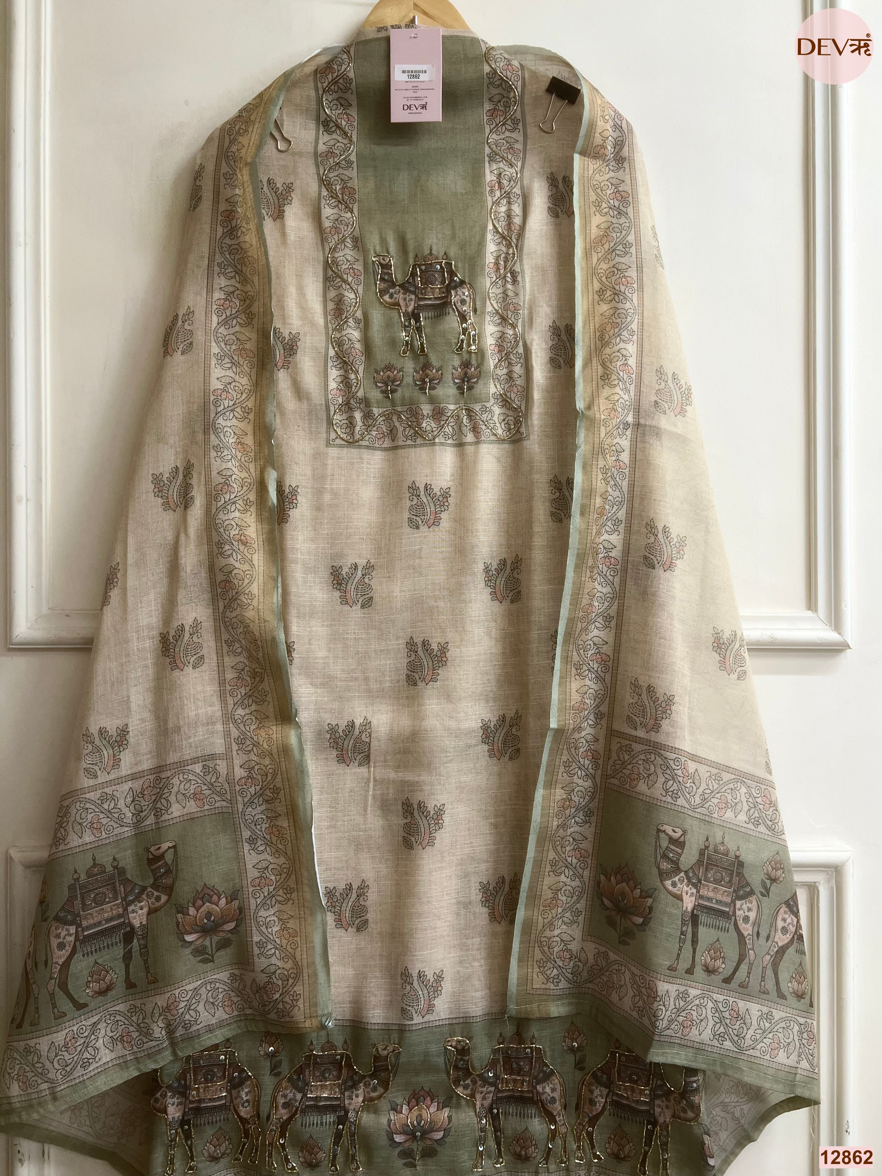 Green Linen Cotton Printed Unstitched 3-Piece Suit (Devri – D.No 12862)