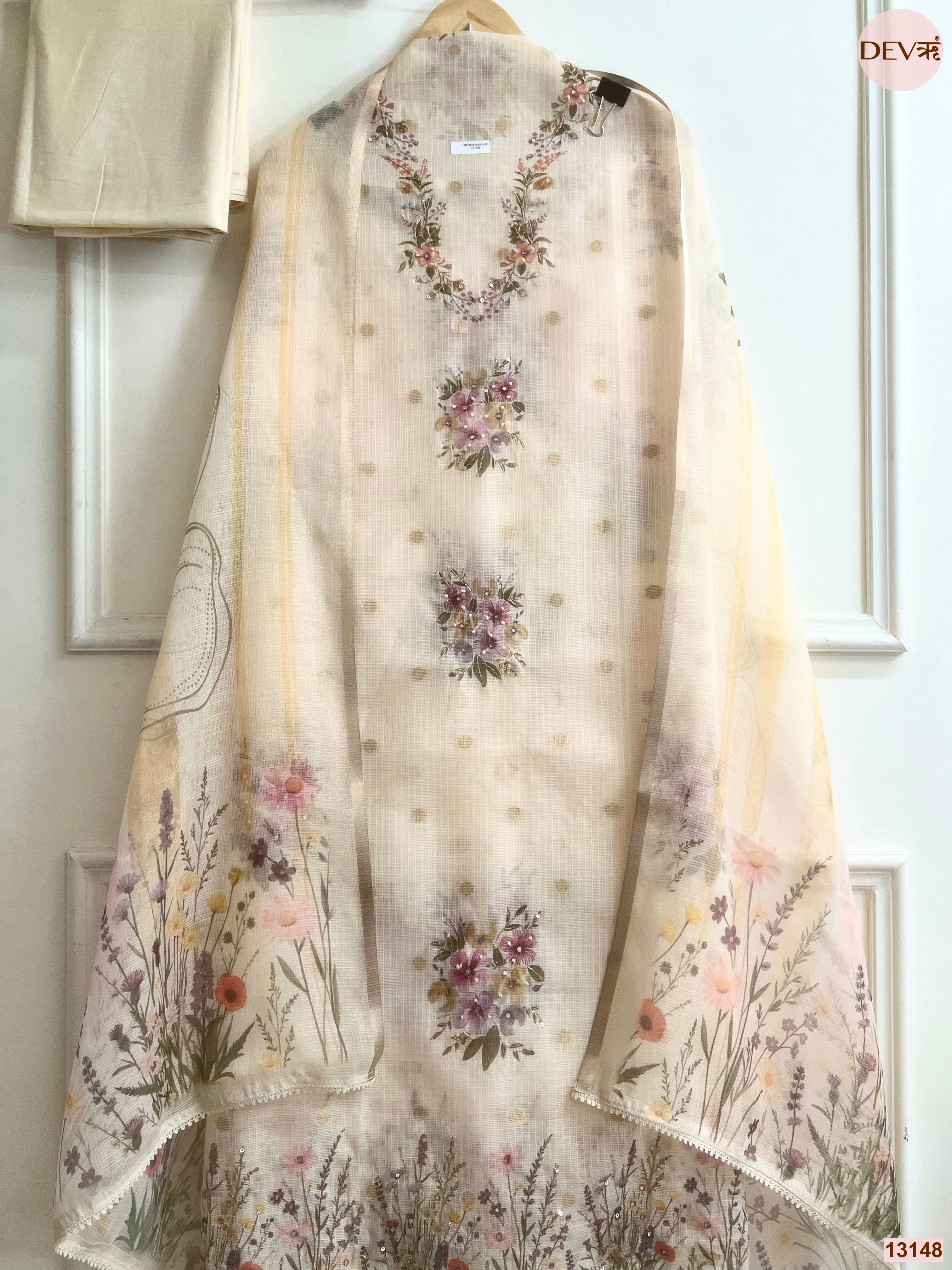 Cream Kota Printed Unstitched 3-Piece Suit (Devri – D.No 13148)