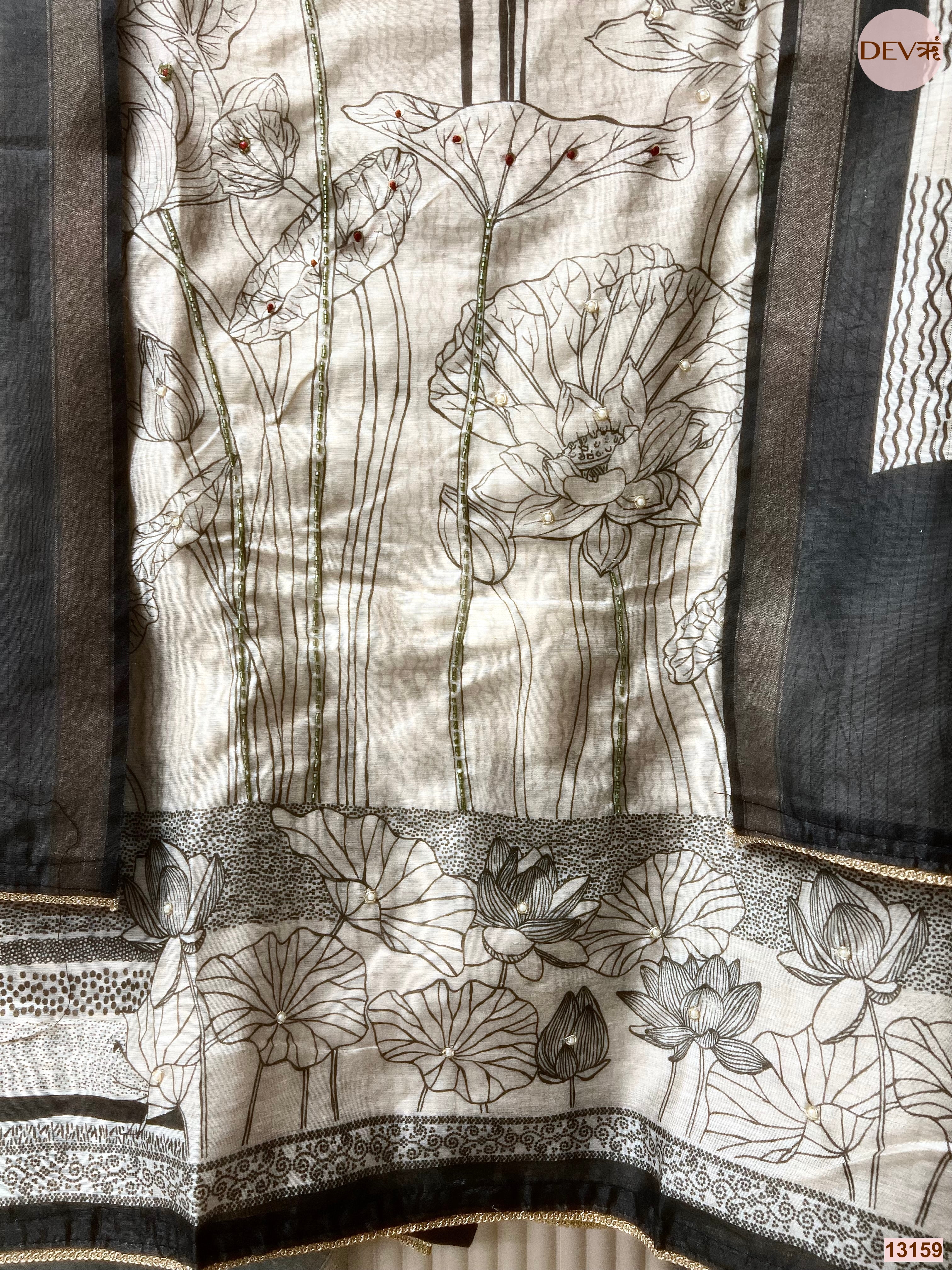 White Mul Chanderi Printed Unstitched 3-Piece Suit (Devri – D.No 13159)
