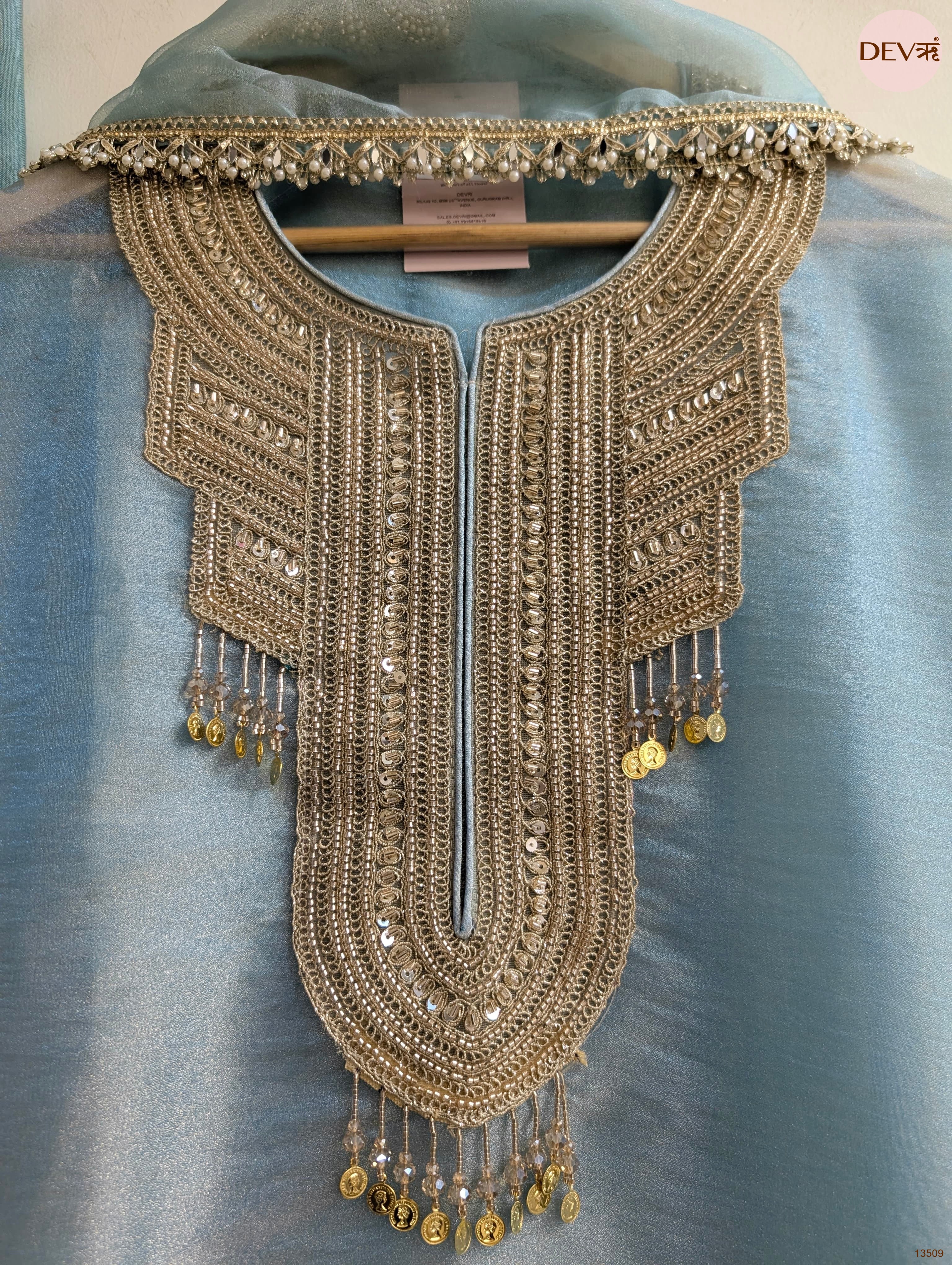 Blue Tissue Silk Embroidered Unstitched 3-Piece Suit (Devri – D.No 13509)