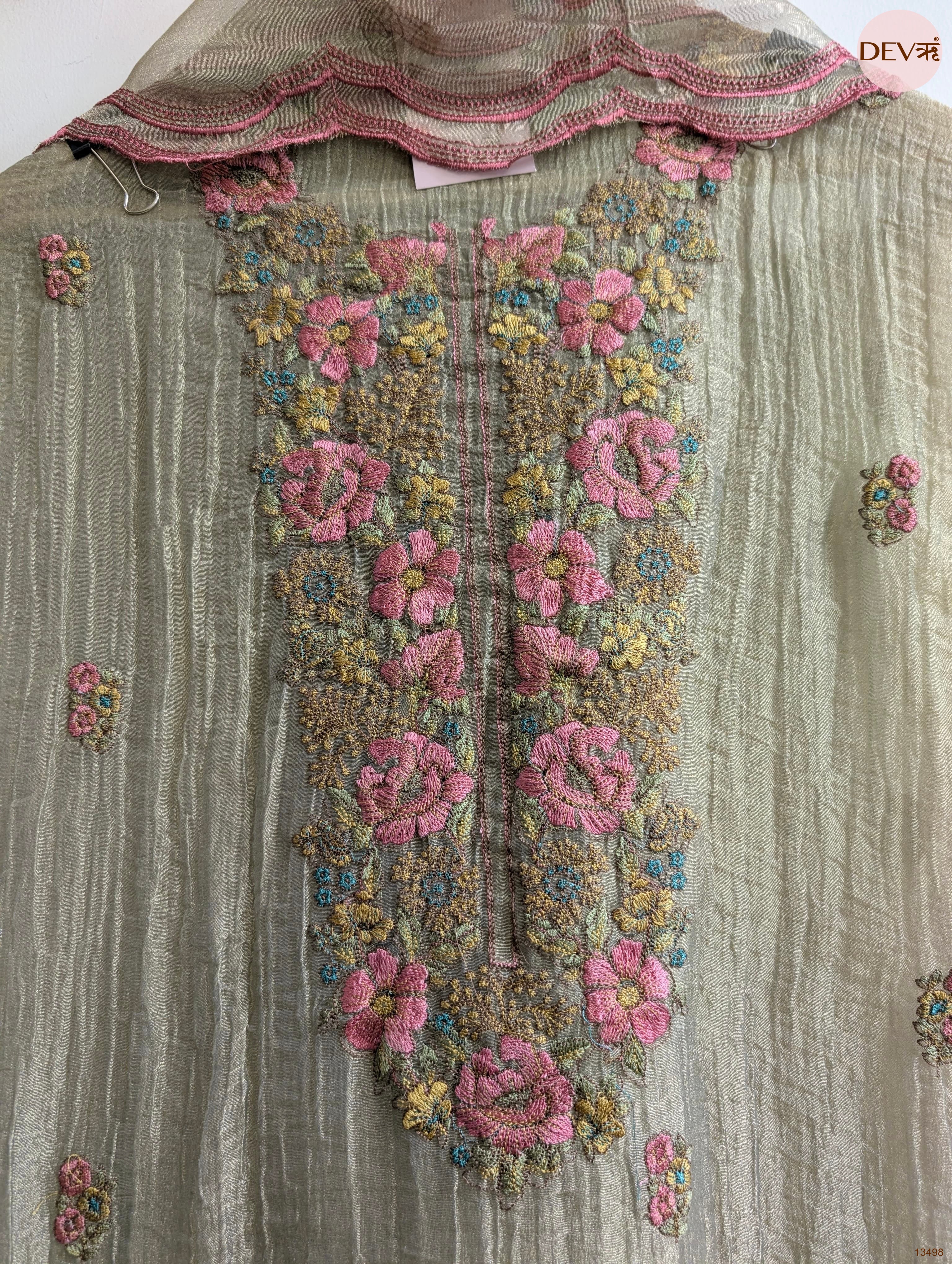 Olive Tissue Crush Silk Embroidered Unstitched 3-Piece Suit (Devri – D.No 13498)