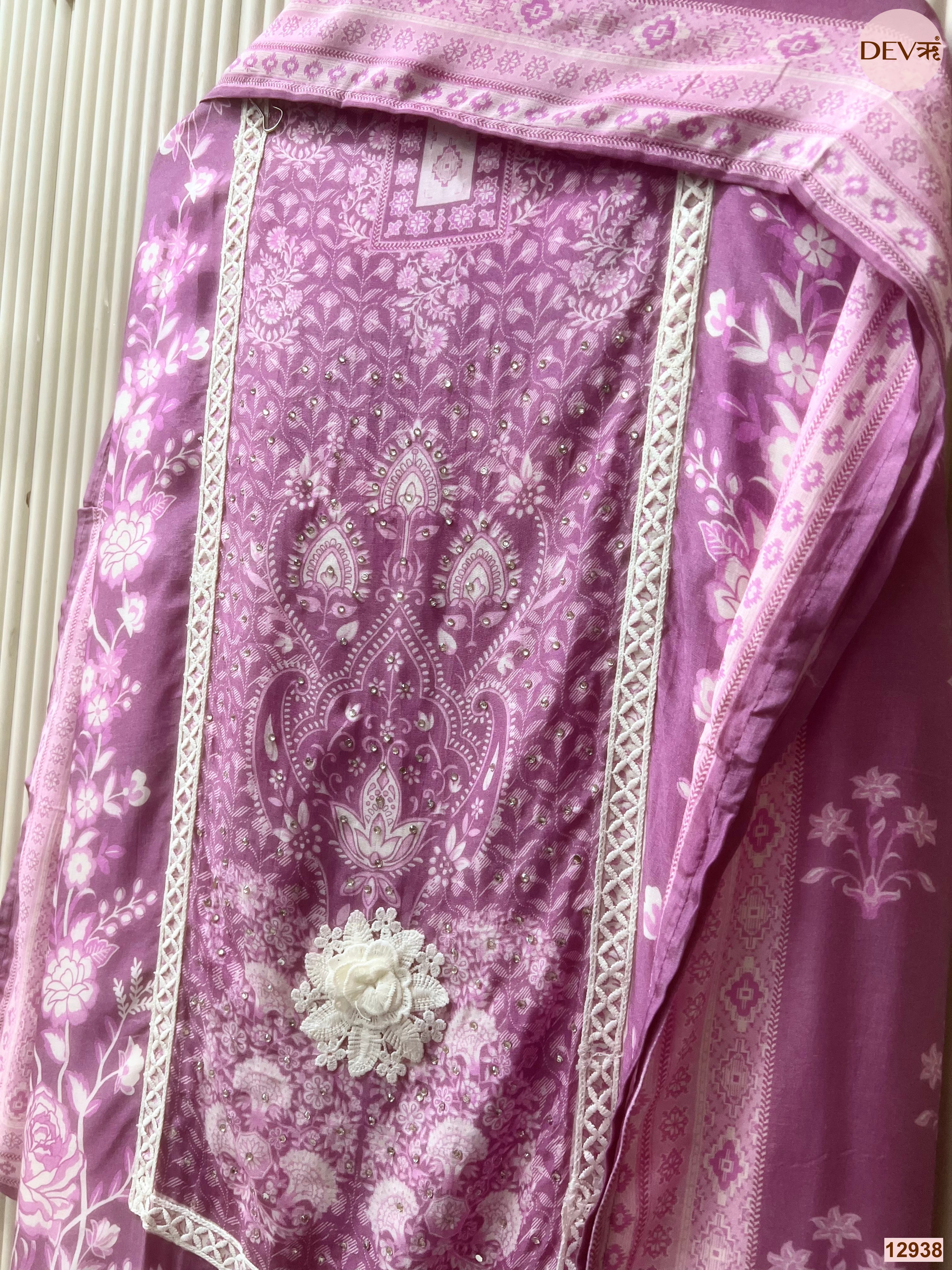 Purple Muslin Printed Unstitched 3-Piece Suit (Devri – D.No 12938)