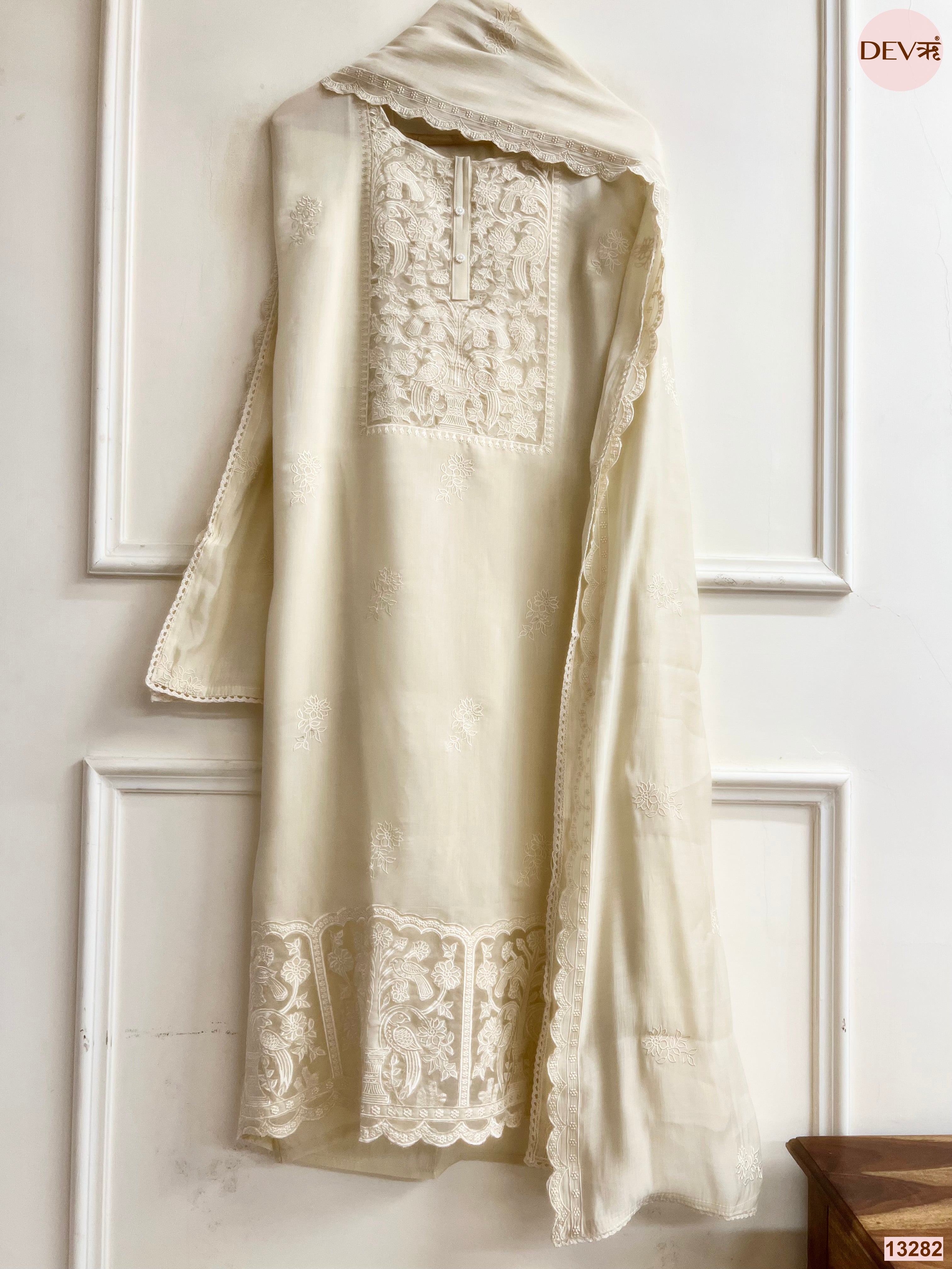 Cream Mul Cotton Embroidered Unstitched 3-Piece Suit (Devri – D.No 13282)