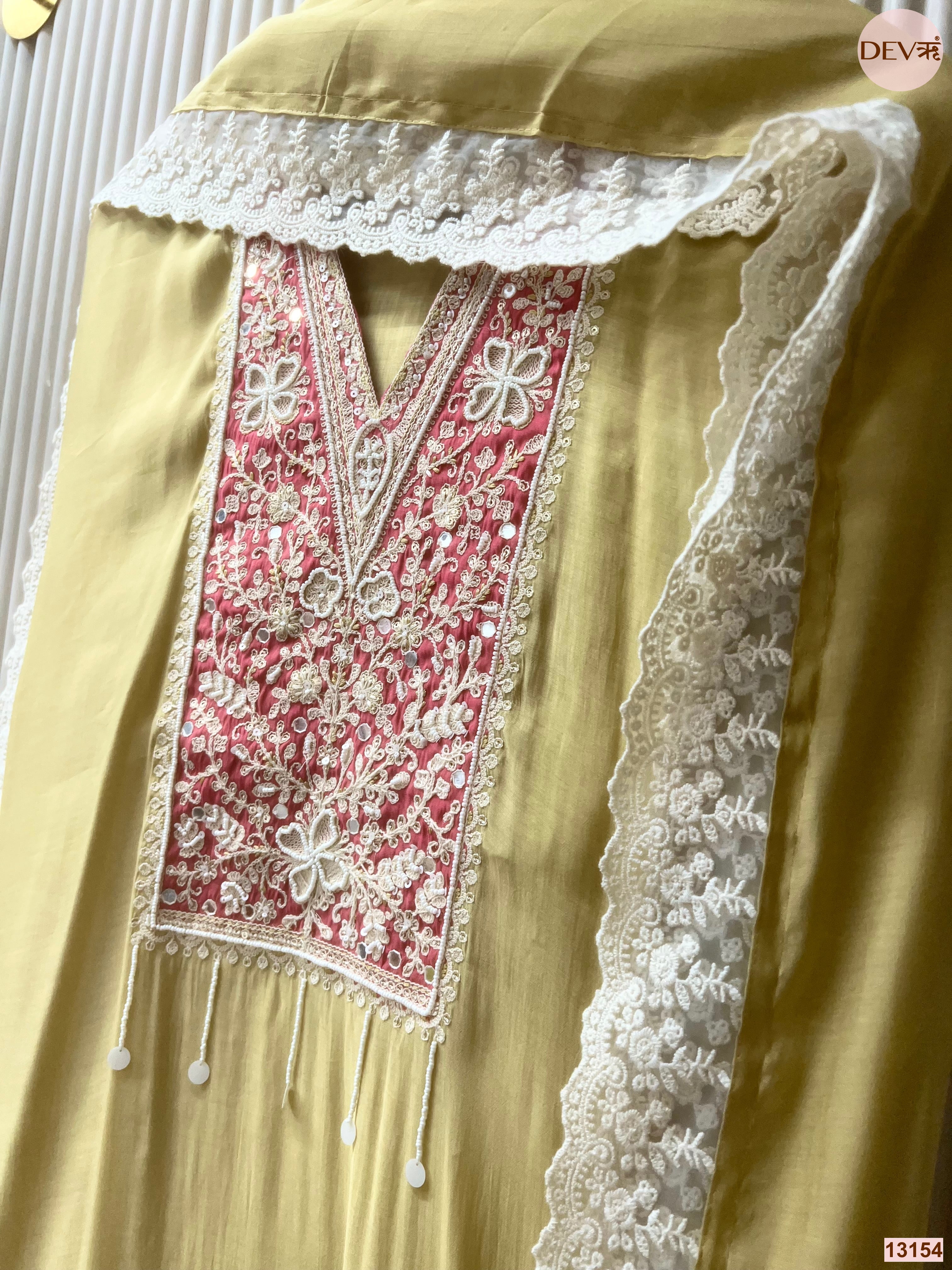 Yellow Mul Cotton Embroidered Unstitched 3-Piece Suit (Devri – D.No 13154)