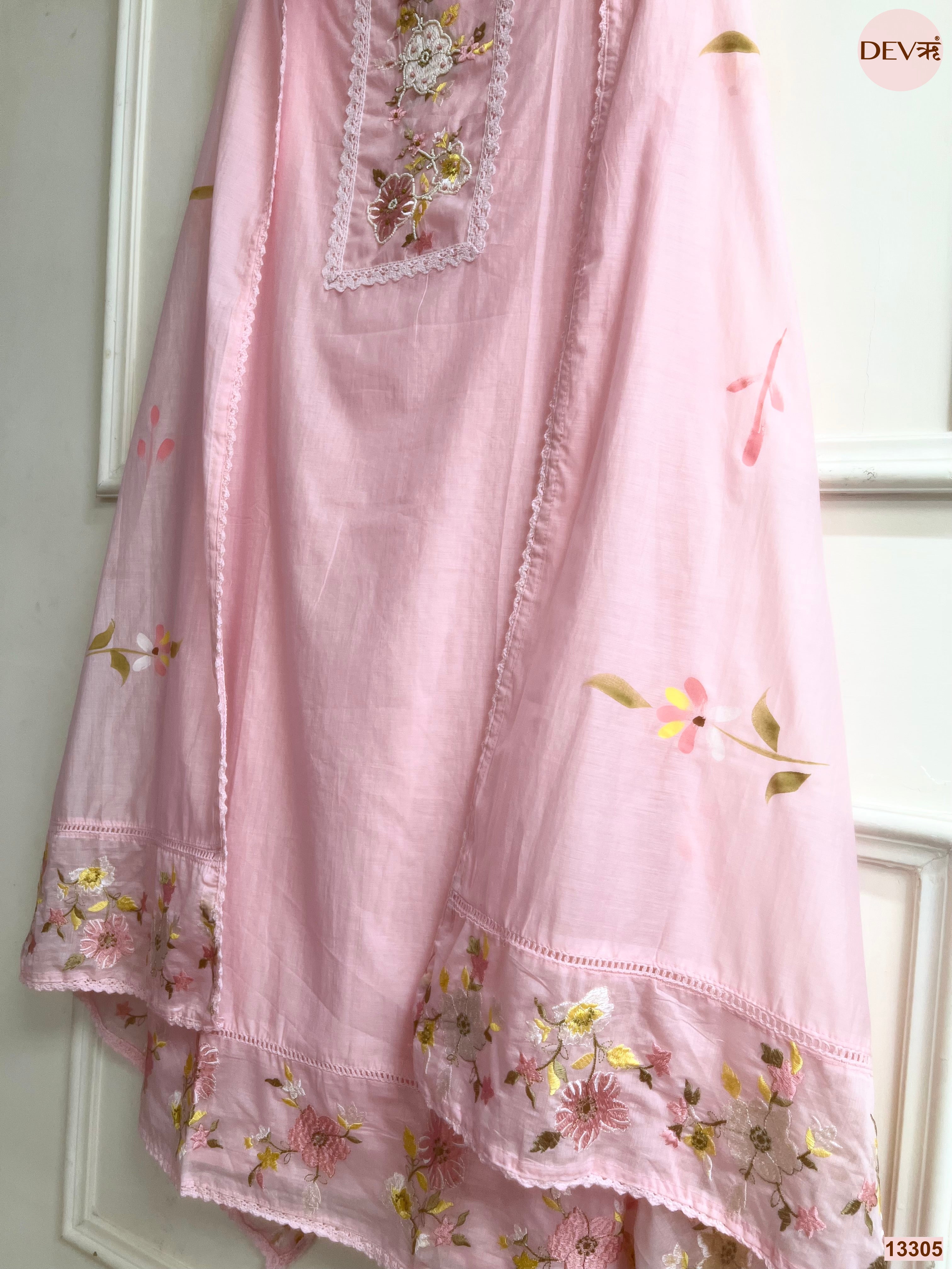 Pink Mul Cotton Embroidered Unstitched 3-Piece Suit (Devri – D.No 13305)
