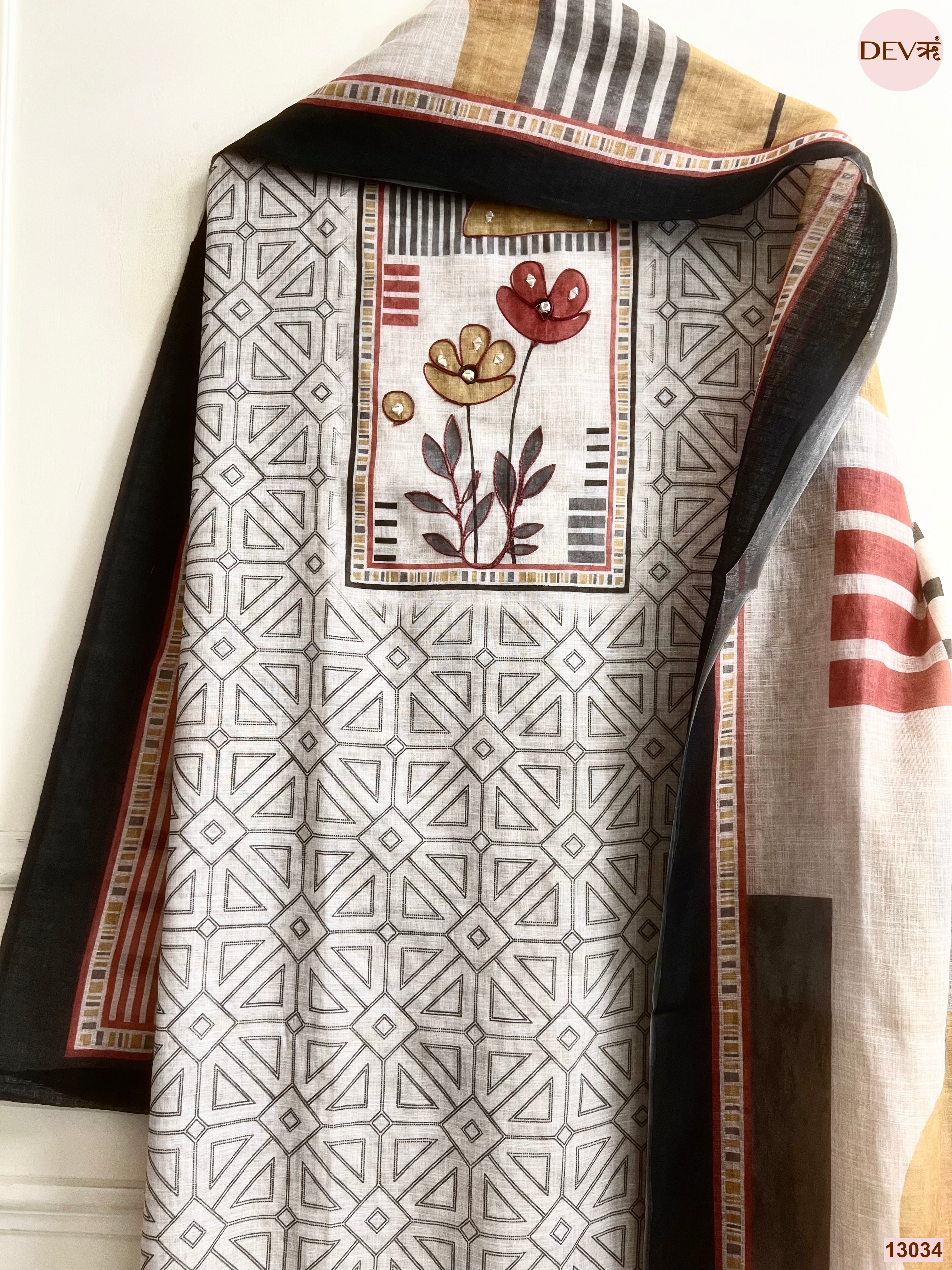 Off White Linen Cotton Printed Unstitched 3-Piece Suit (Devri – D.No 13034)