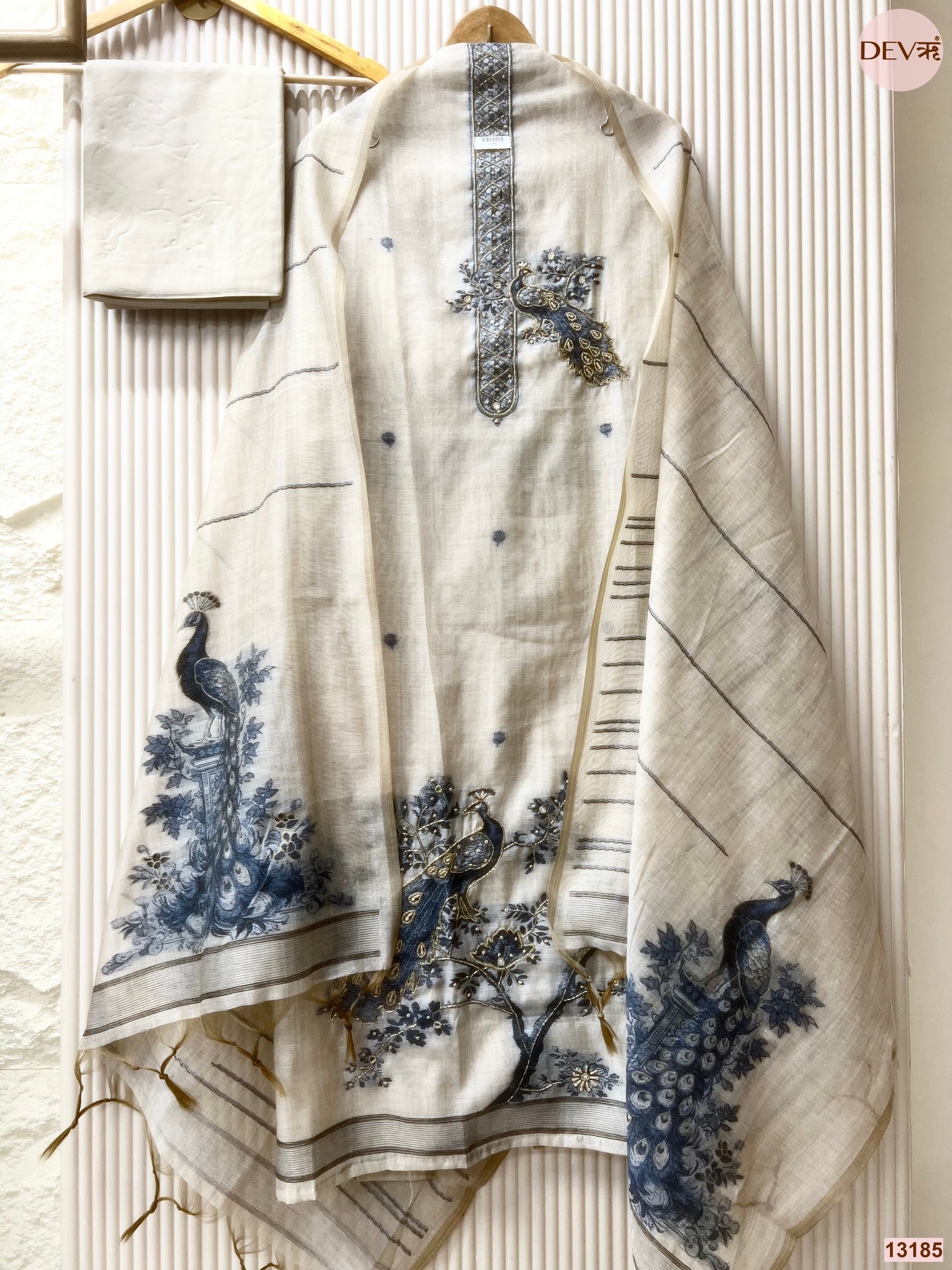 Cream Mul Chanderi Printed Unstitched 3-Piece Suit (Devri – D.No 13185)