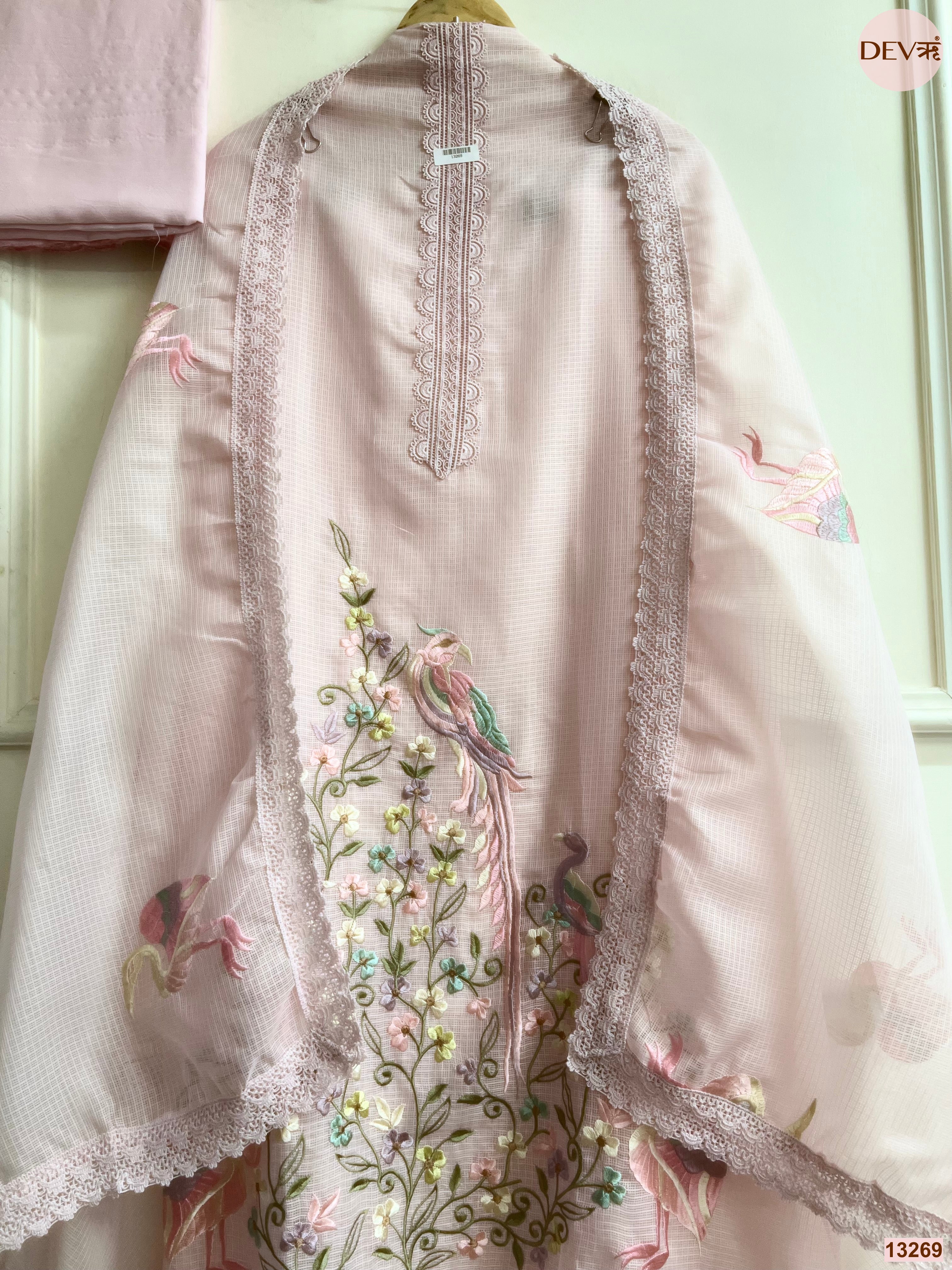 Pink Kota Cotton Embroidered Unstitched 3-Piece Suit (Devri – D.No 13269)