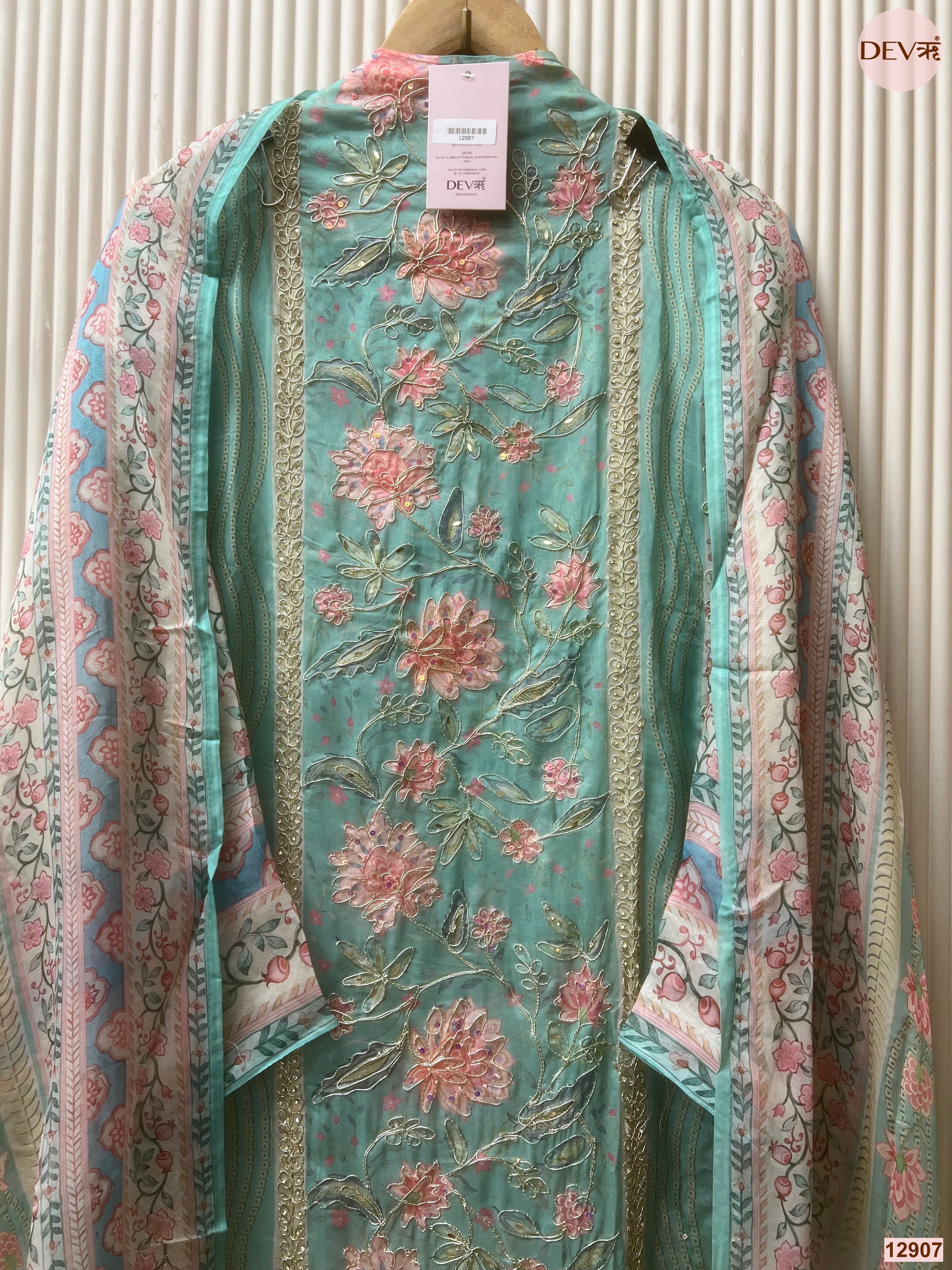 Aqua Organza Embroidered Unstitched 3-Piece Suit (Devri – D.No 12907)