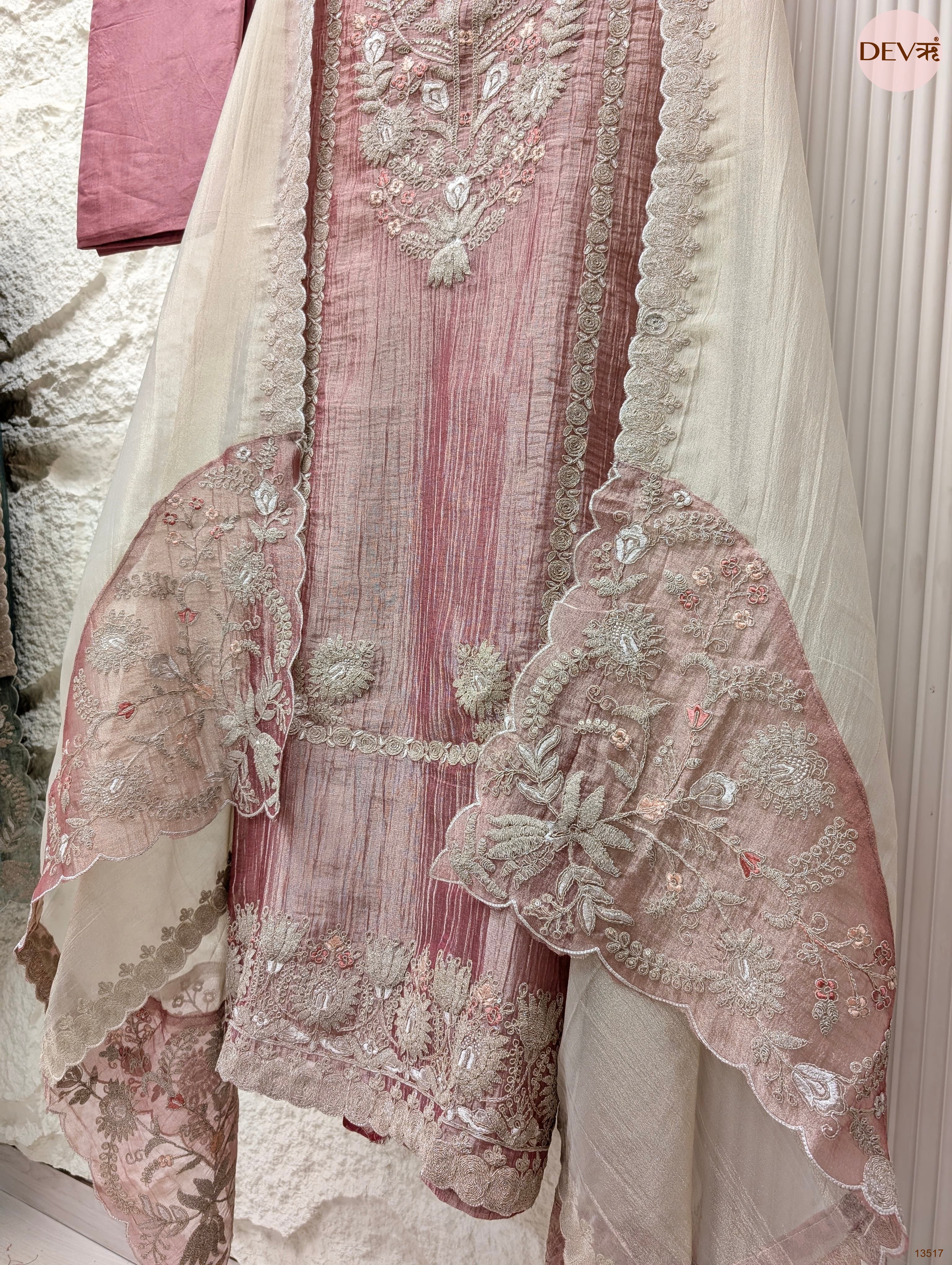 Pink Tissue Silk Embroidered Unstitched 3-Piece Suit (Devri – D.No 13517)