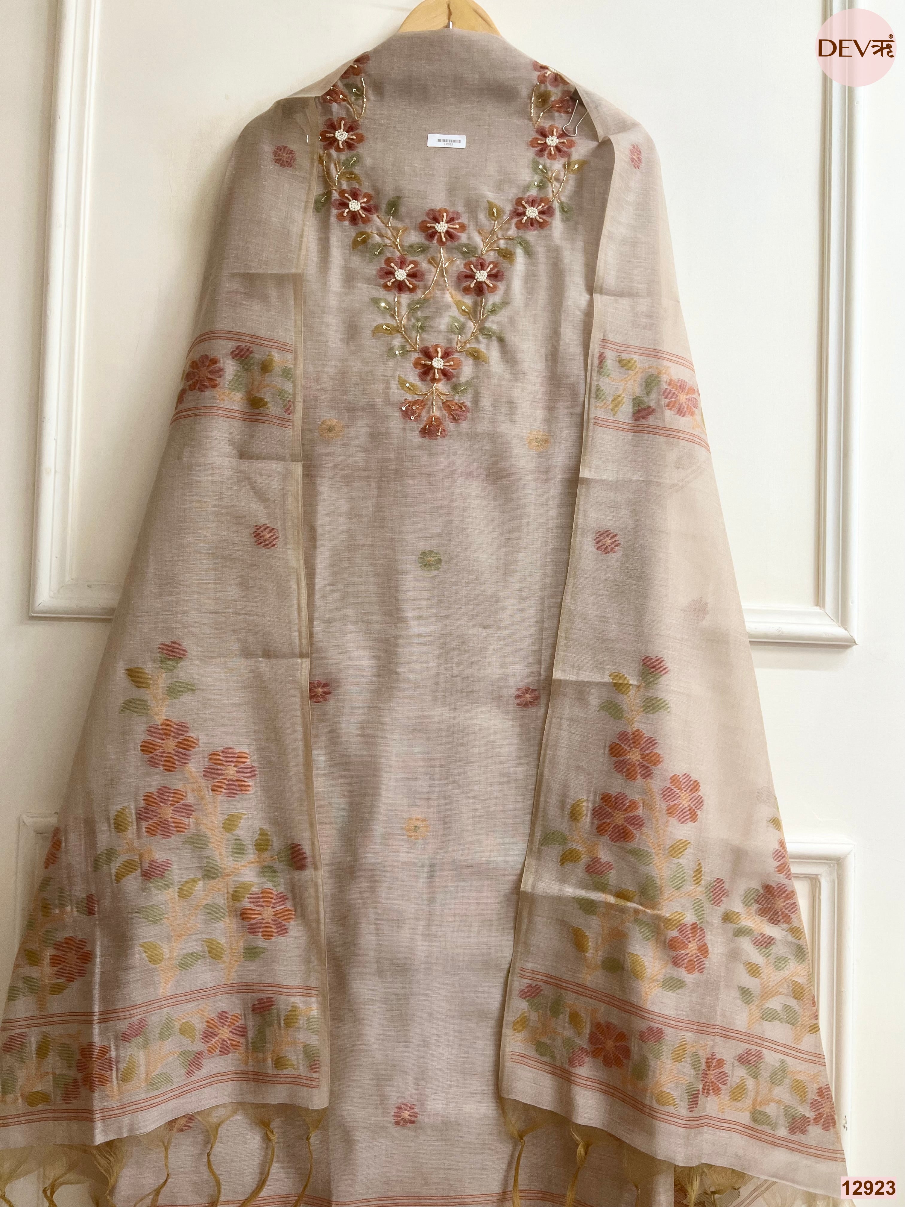 Beige Jamdani Cotton Printed Unstitched 3-Piece Suit (Devri – D.No 12923)