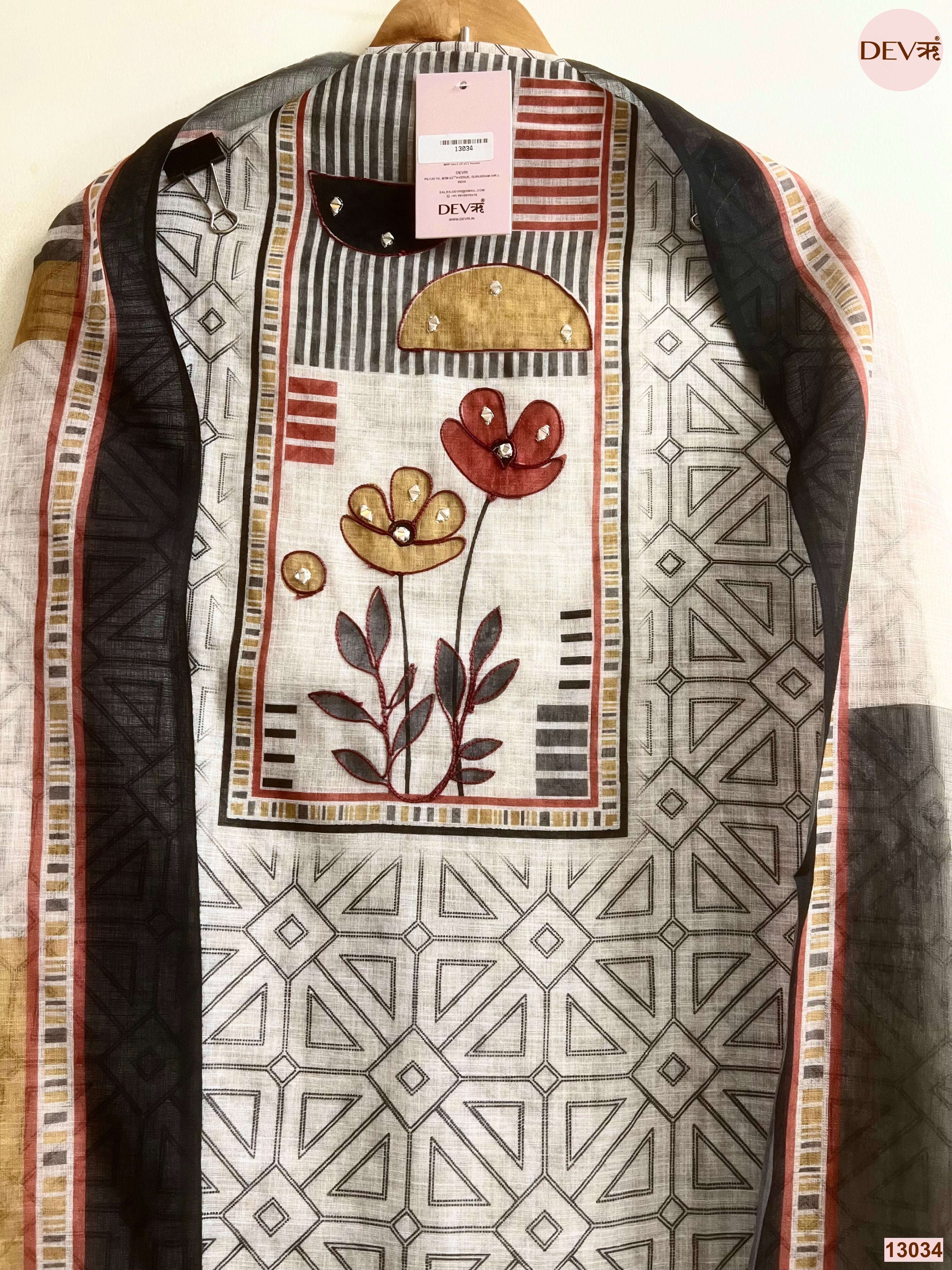 Off White Linen Cotton Printed Unstitched 3-Piece Suit (Devri – D.No 13034)