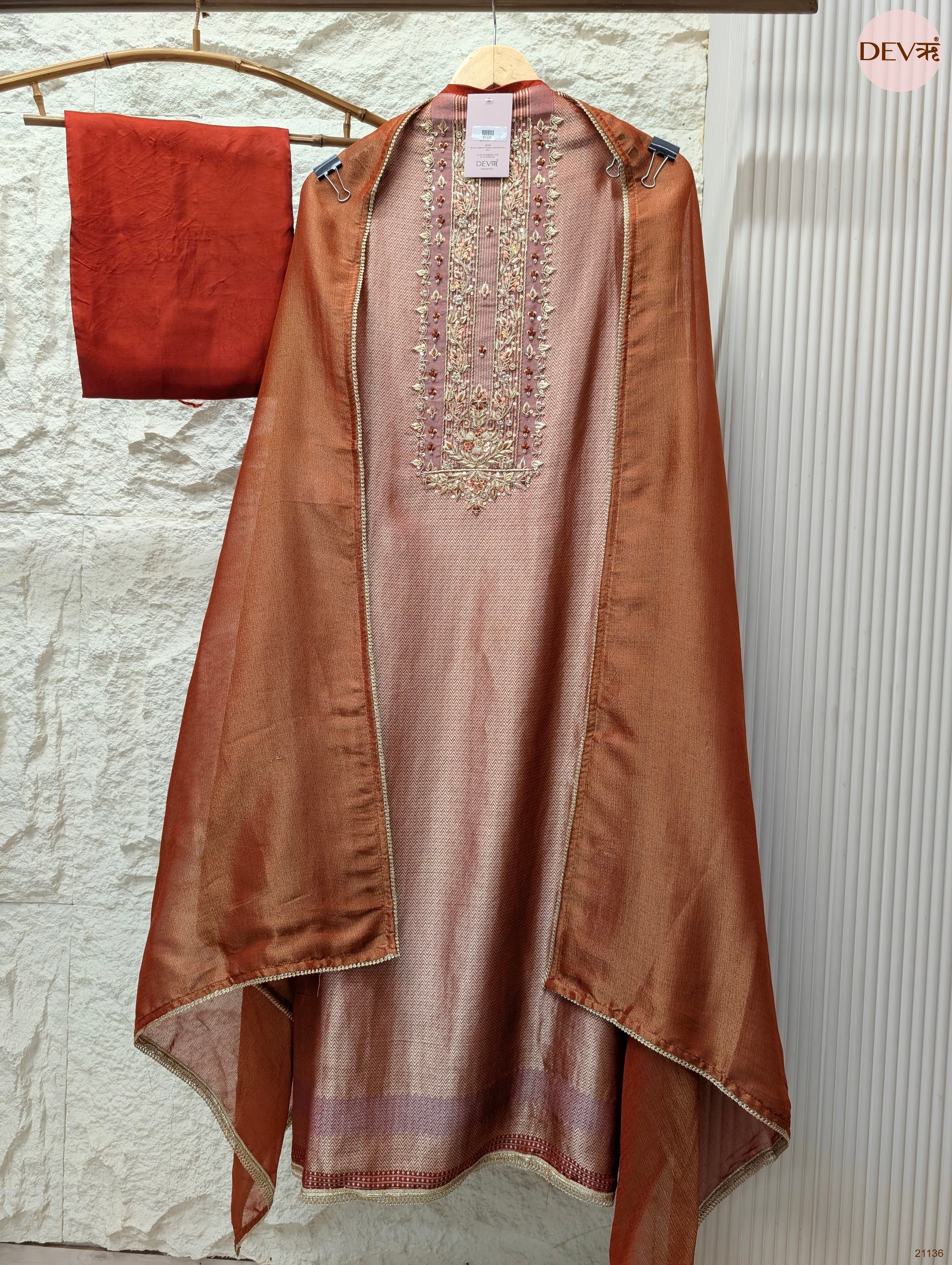 Rust Pure Giraffe Banarasi Silk Embroidered Unstitched 3-Piece Suit (Devri – D.No 21136)