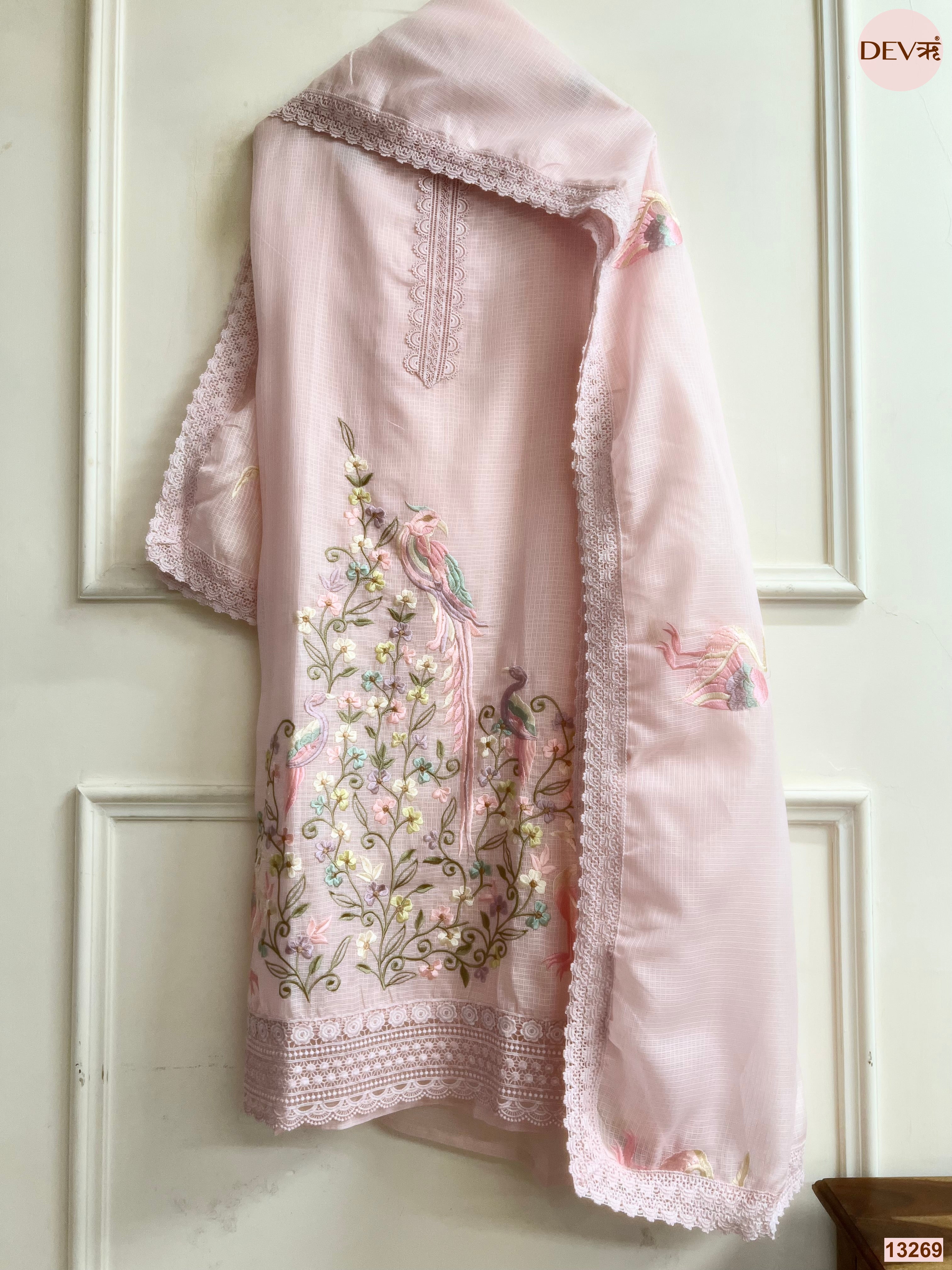 Pink Kota Cotton Embroidered Unstitched 3-Piece Suit (Devri – D.No 13269)