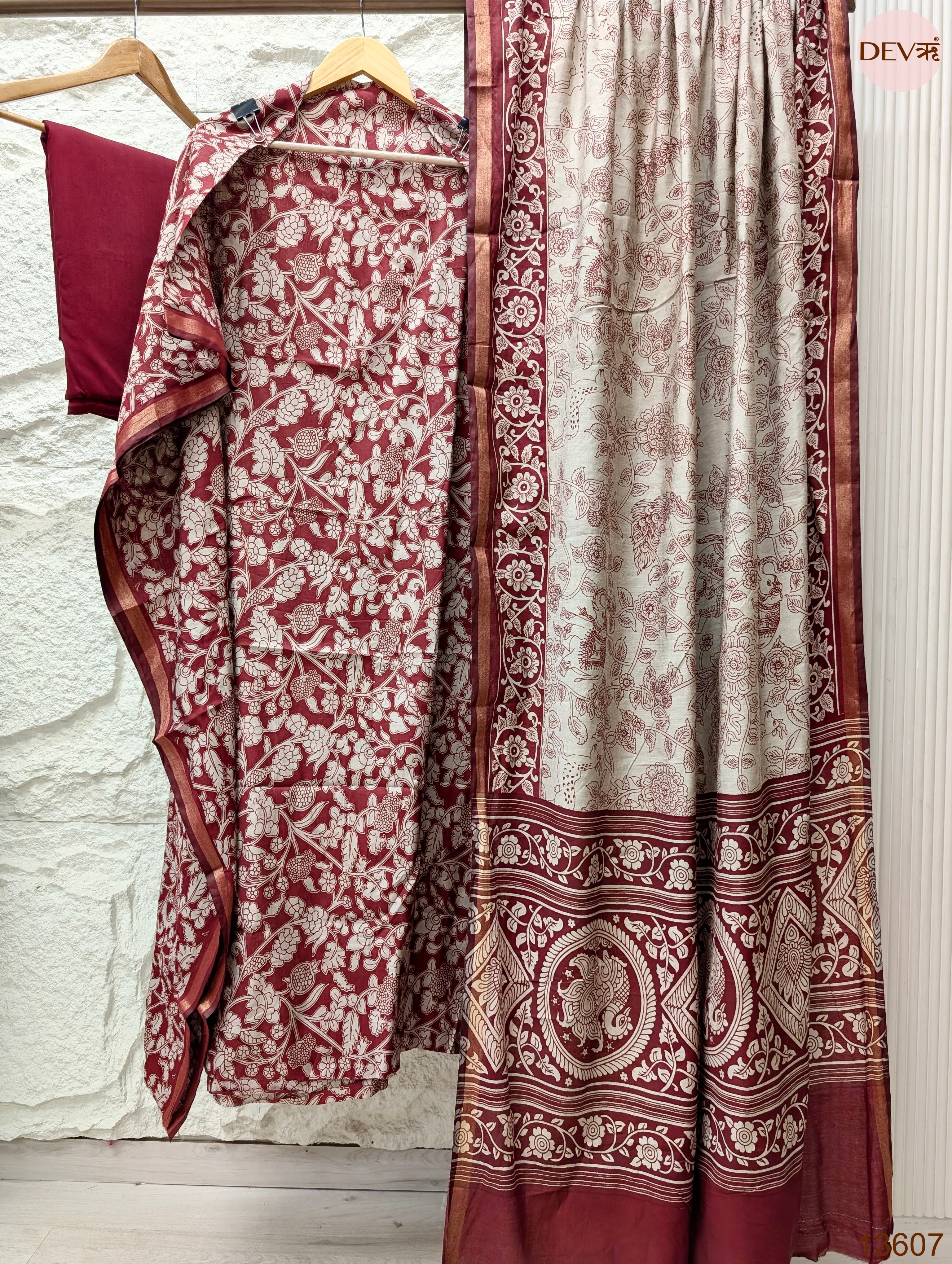 Maroon Maheshwari Silk Printed Unstitched 3-Piece Suit (Devri – D.No 13607)