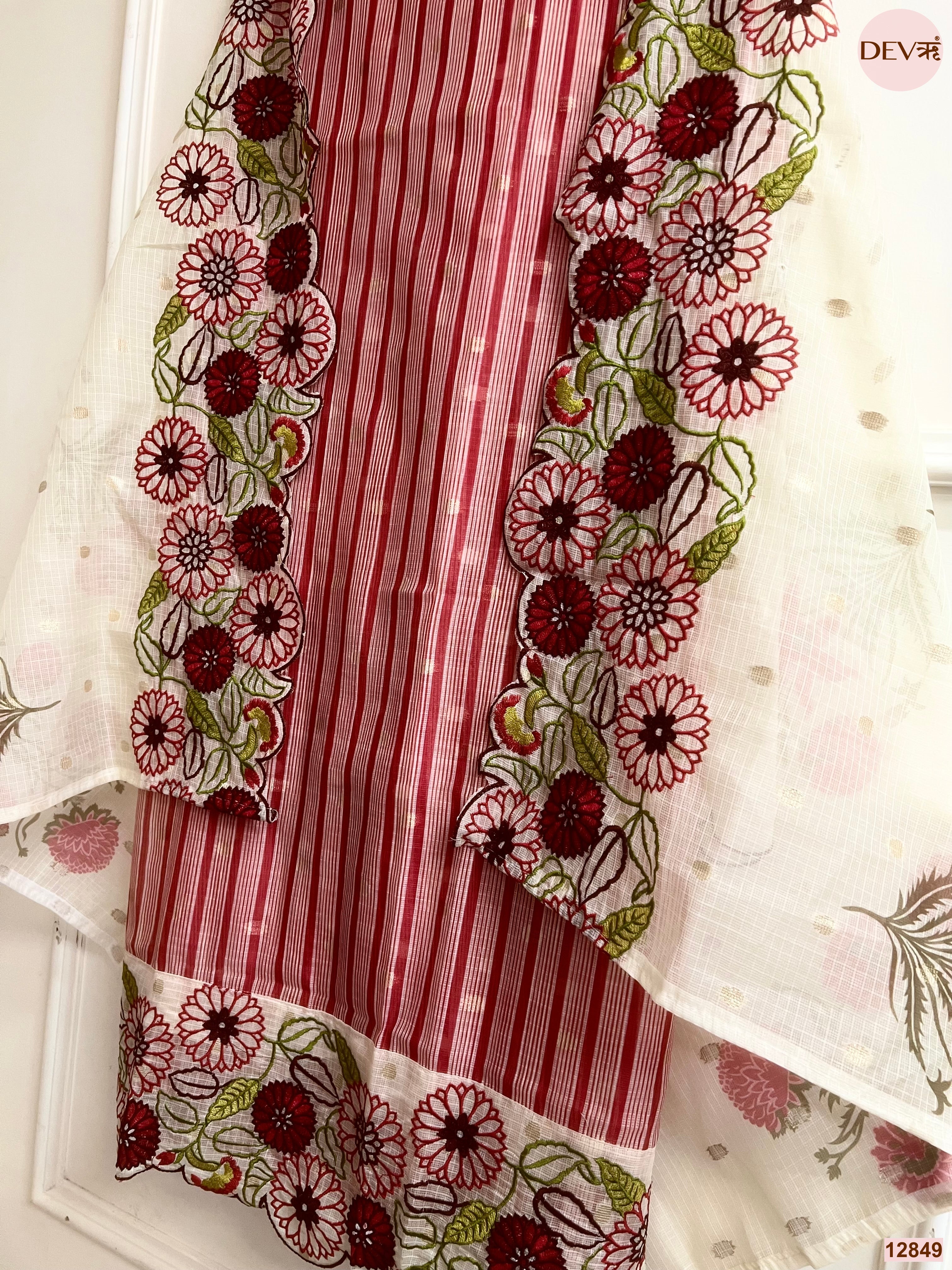 Red Zari Kota Embroidered Unstitched 3-Piece Suit (Devri – D.No 12849)