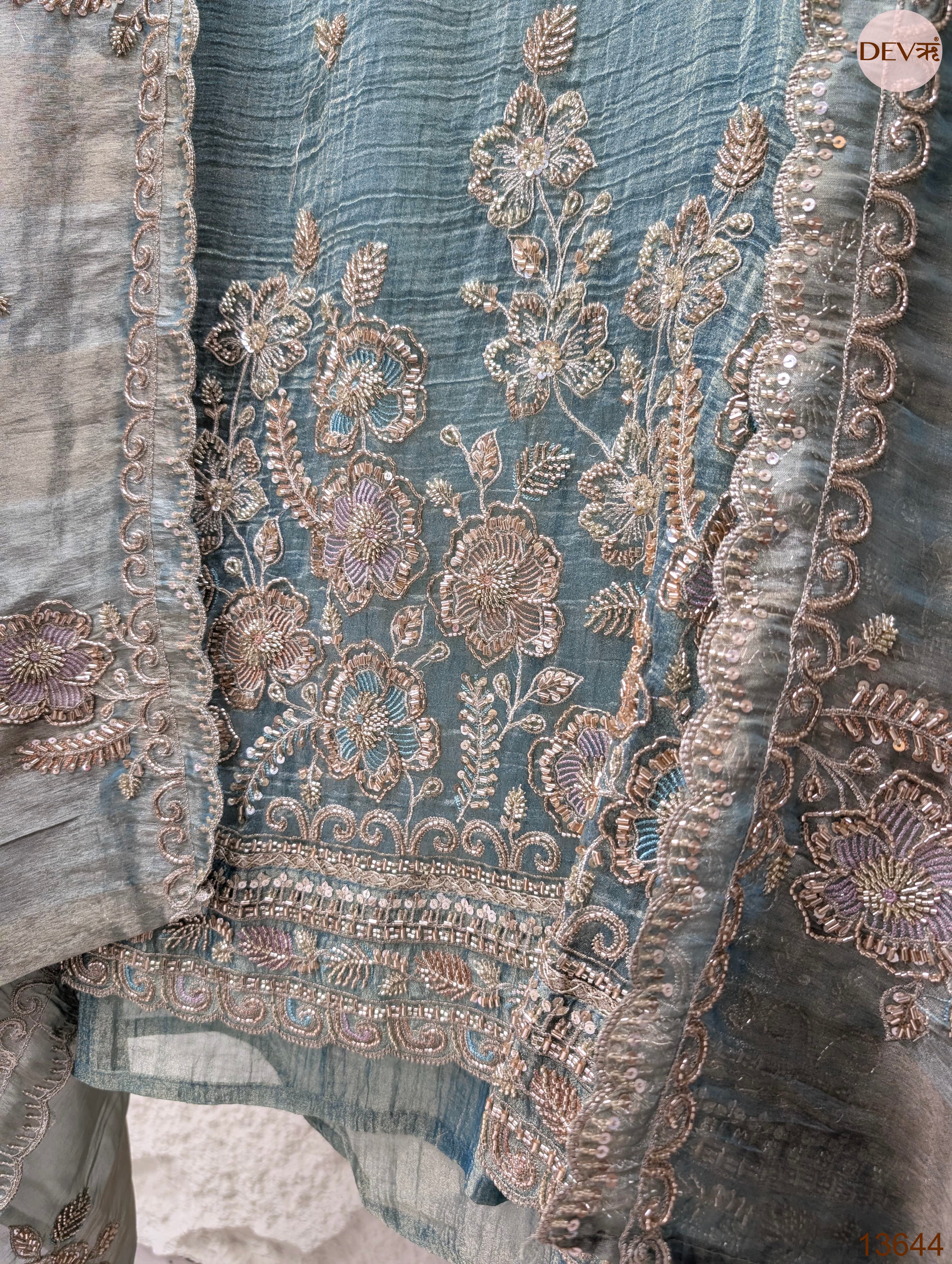 Teal Tissue Crush Silk Embroidered Unstitched 3-Piece Suit (Devri – D.No 13644)