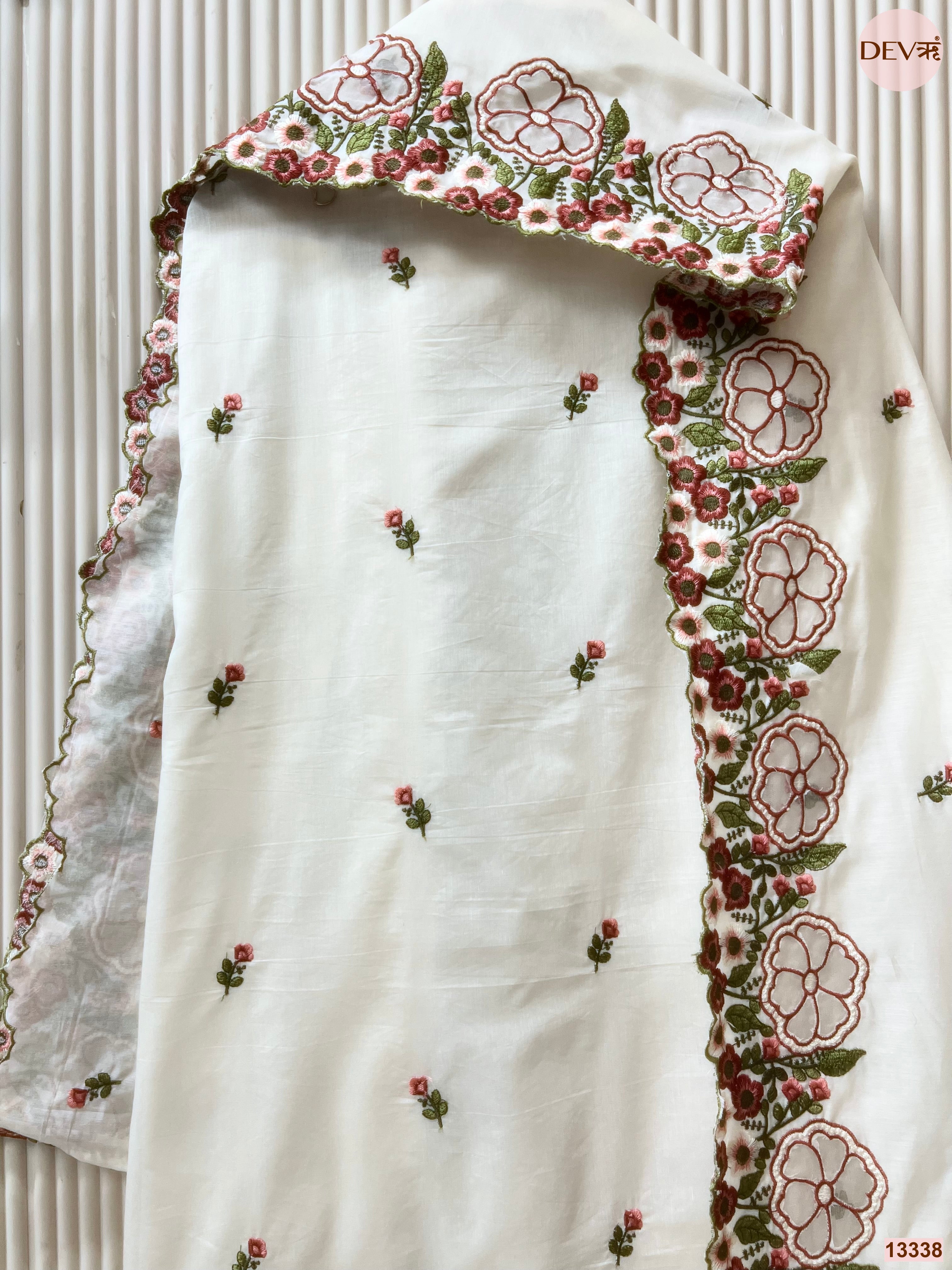 White Mul Chanderi Embroidered Unstitched 3-Piece Suit (Devri – D.No 13338)