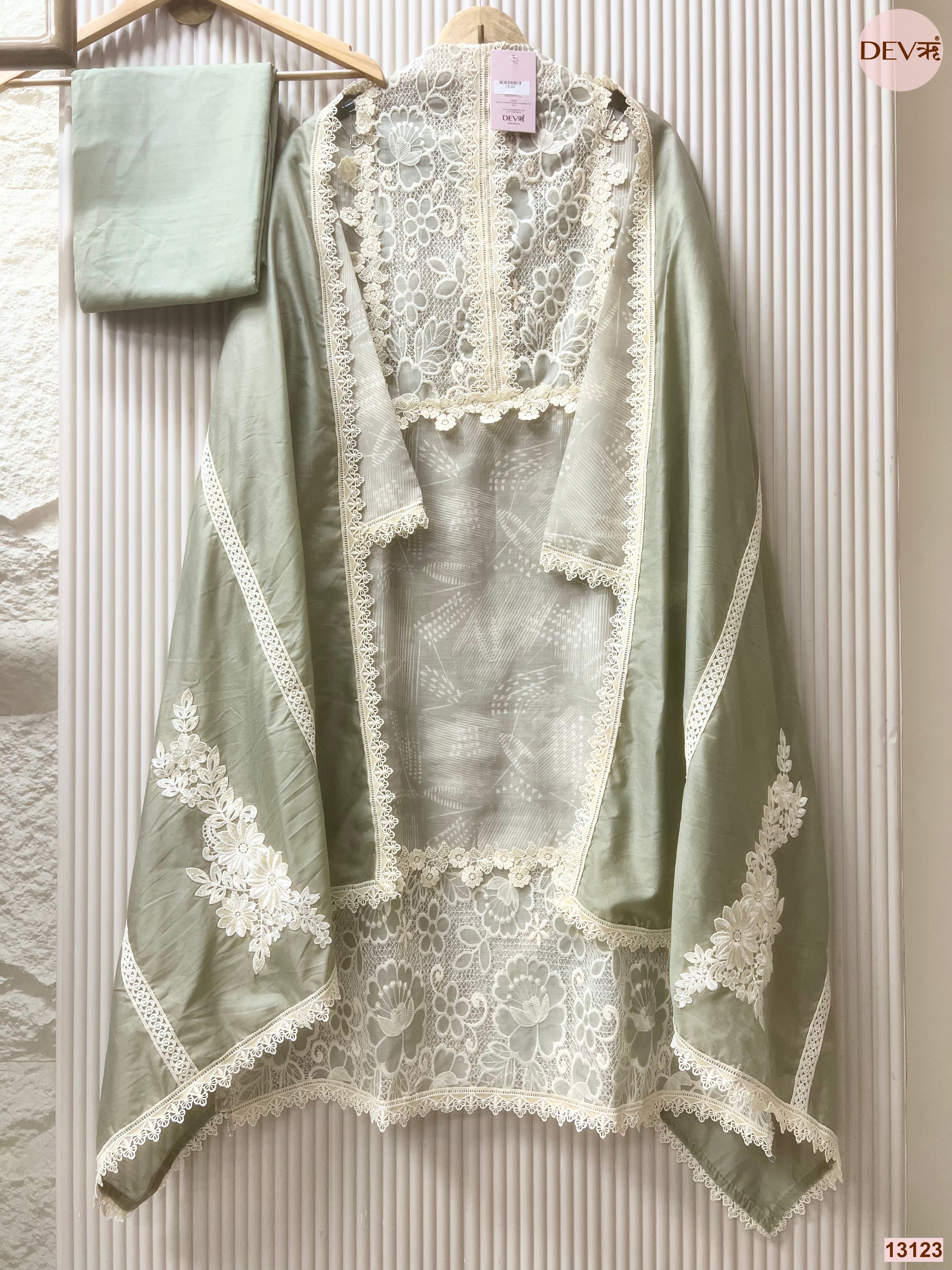 Sage Linen Embroidered Unstitched 3-Piece Suit (Devri – D.No 13123)