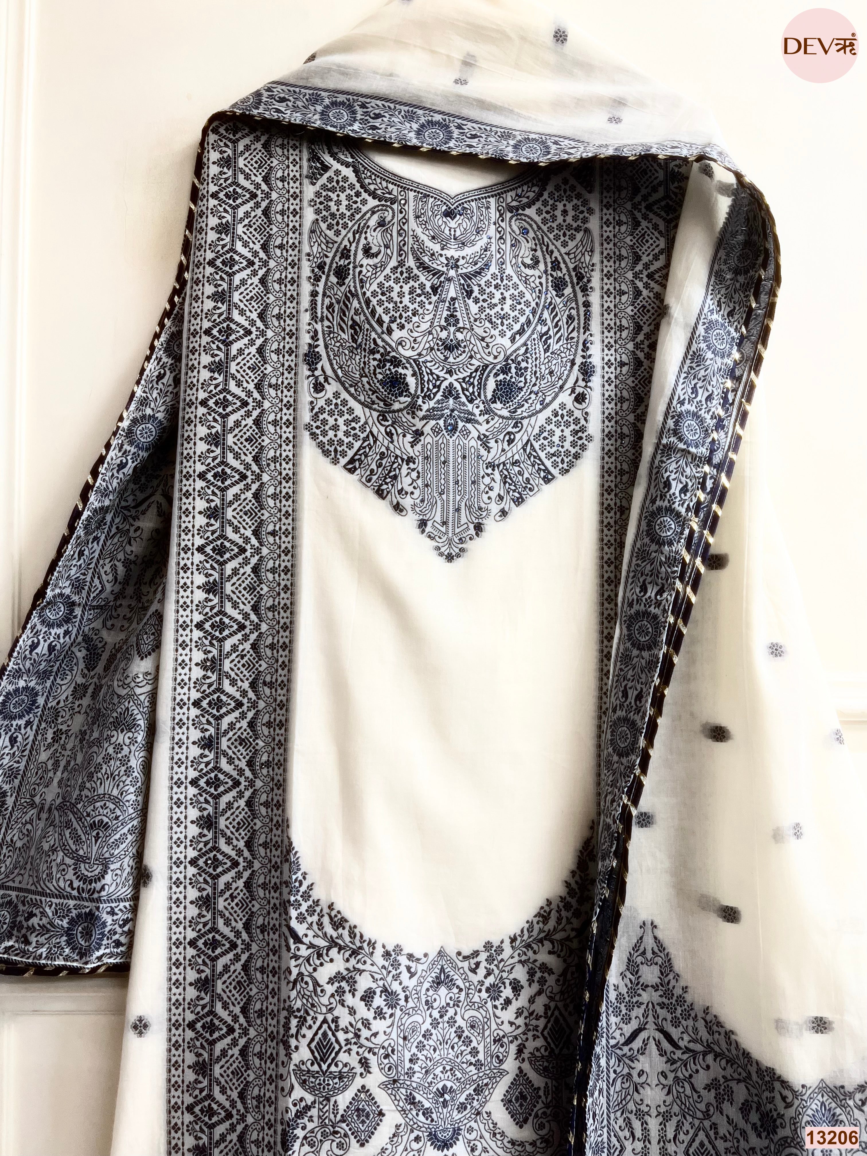 White Jamdani Cotton Printed Unstitched 3-Piece Suit (Devri – D.No 13206)