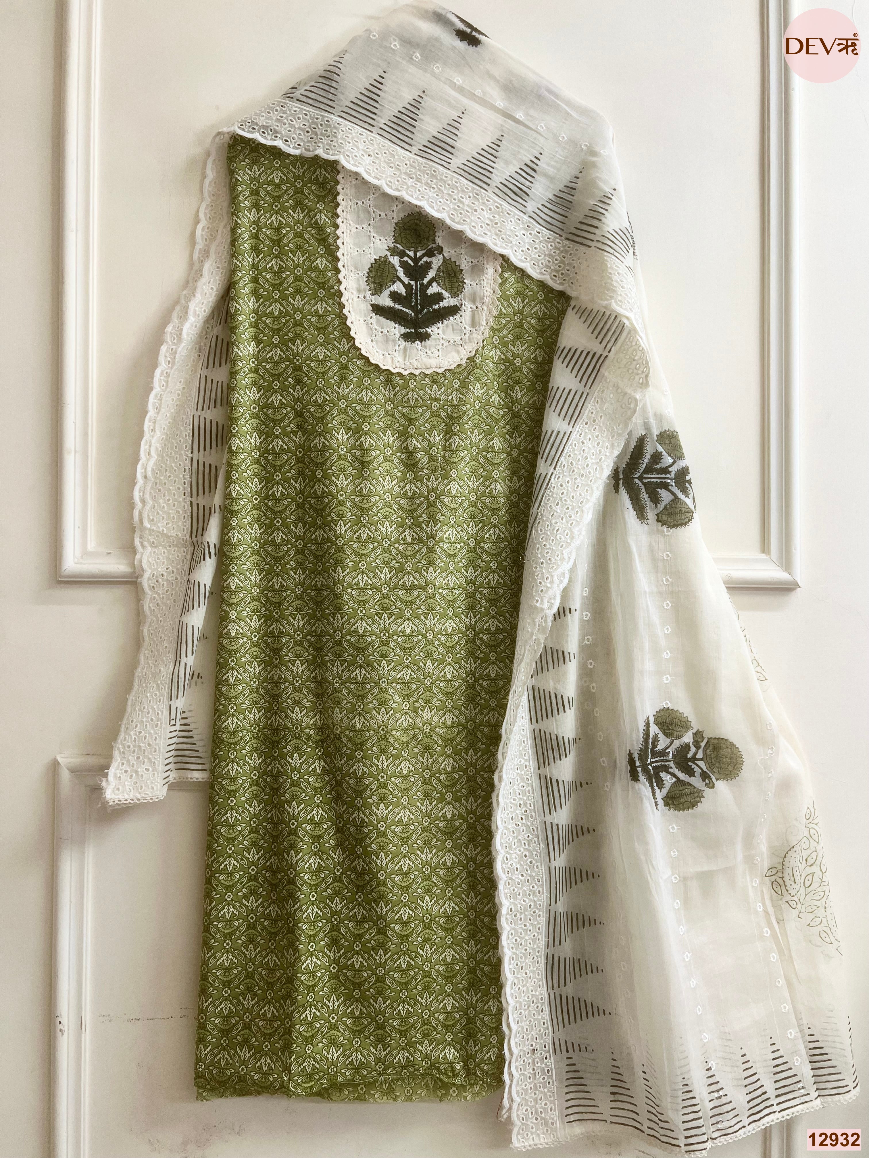 Olive Cotton Printed Unstitched 3-Piece Suit (Devri – D.No 12932)