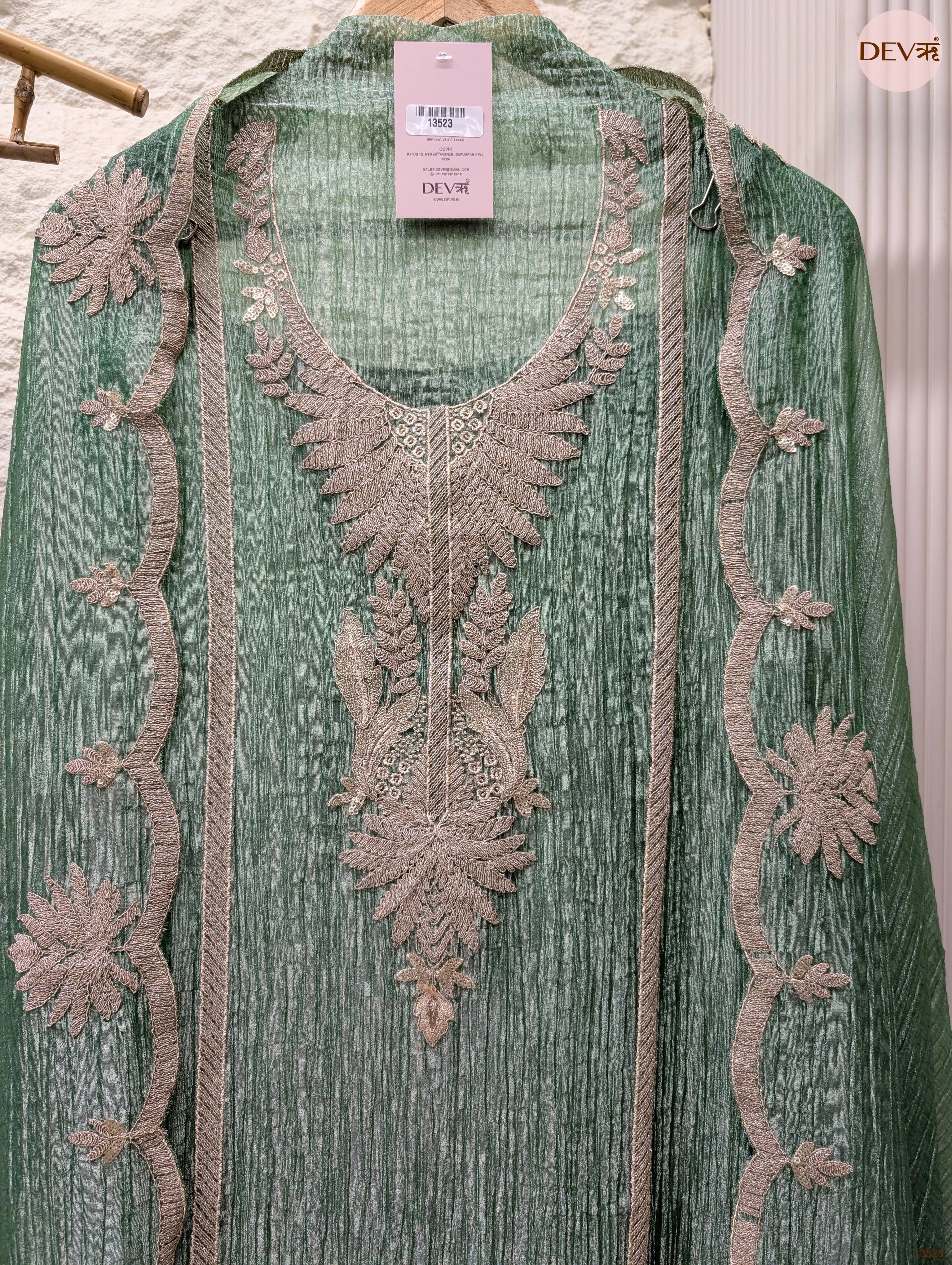 Green Tissue Crush Silk Embroidered Unstitched 3-Piece Suit (Devri – D.No 13523)