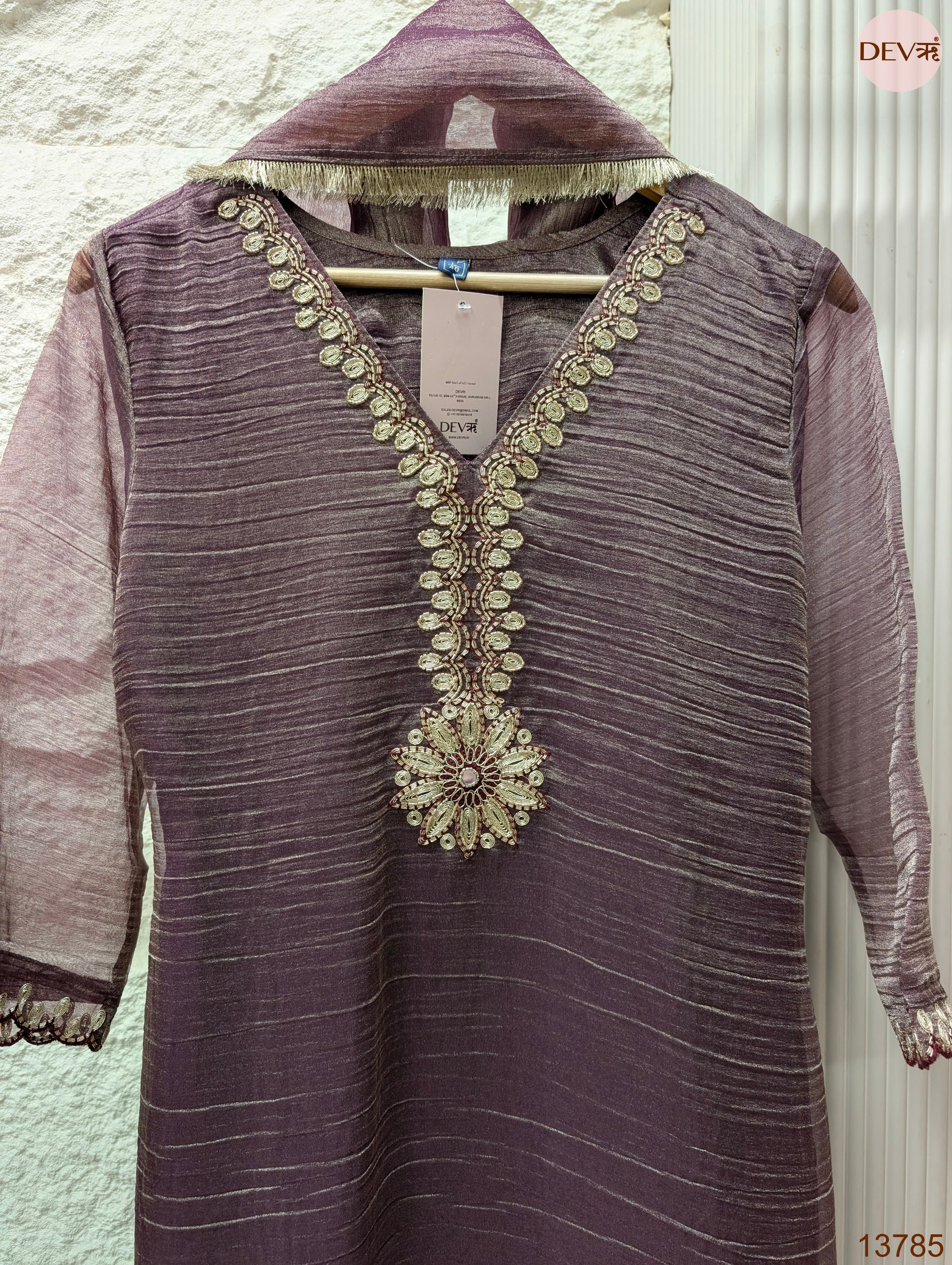 Varnika Tissue crush silk Embroidered Mauve 3-Piece Set (Devri – D.No 13785)