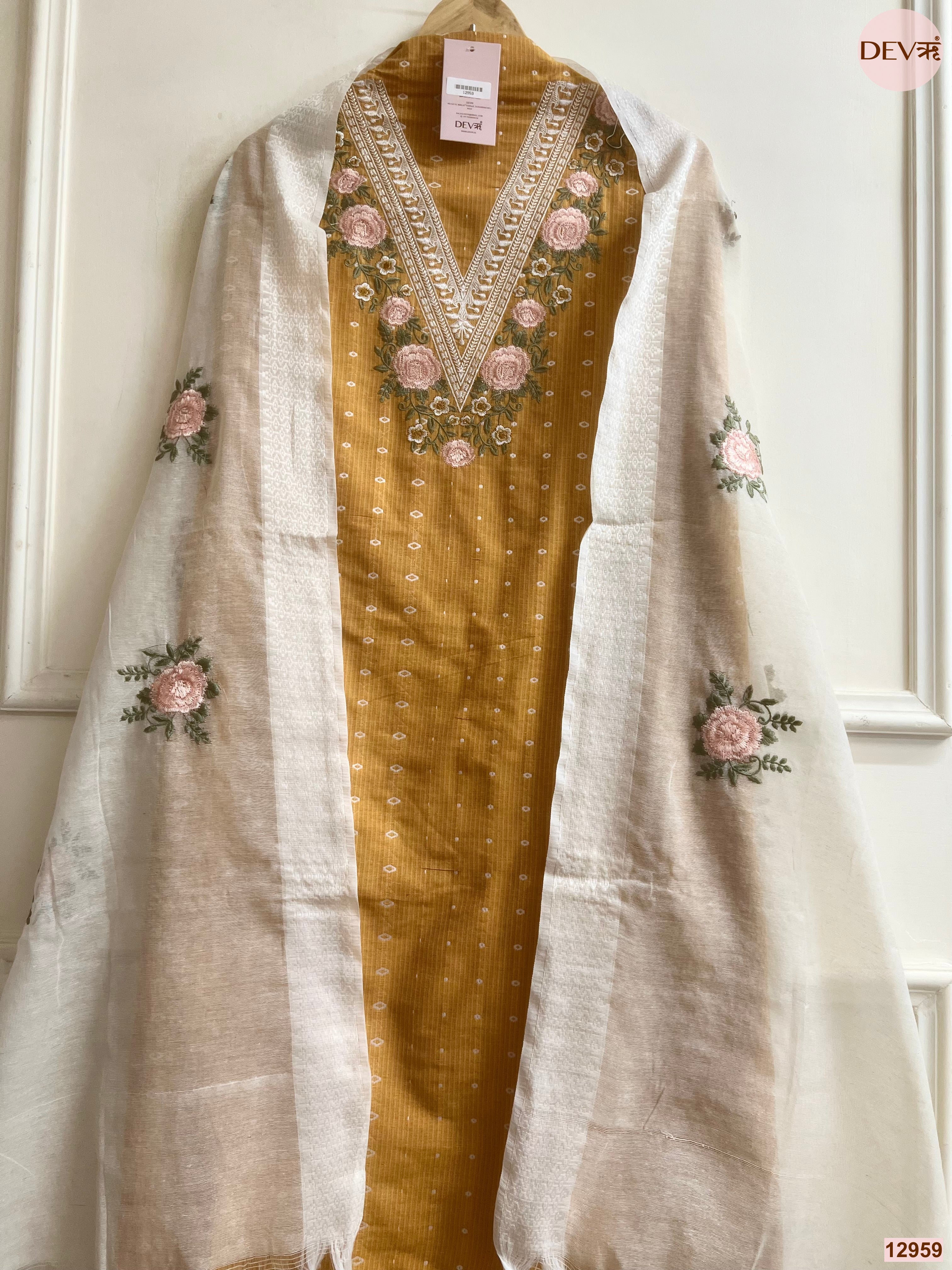 Mustard Cotton Handloom Embroidered Unstitched 3-Piece Suit (Devri – D.No 12959)