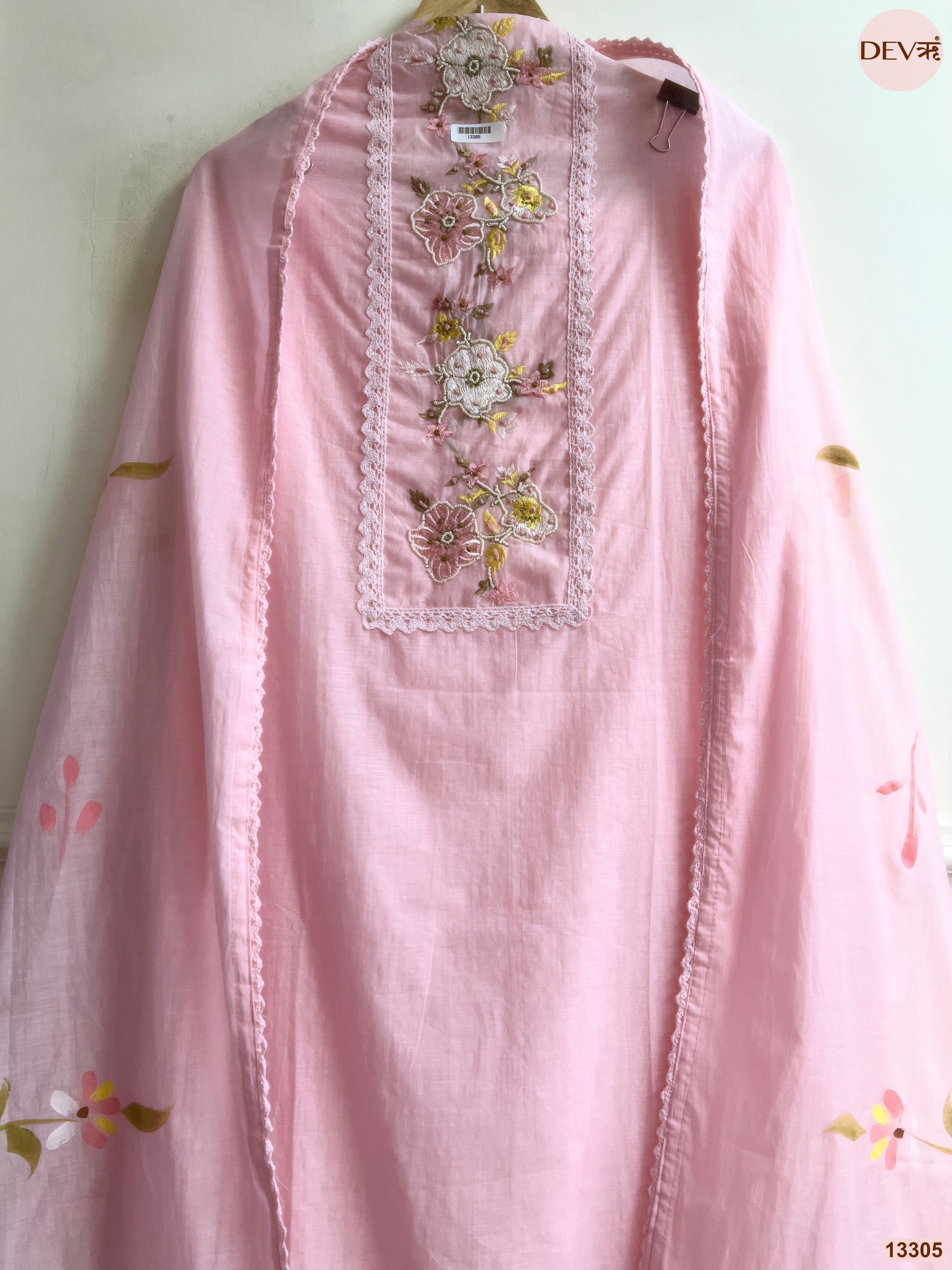 Pink Mul Cotton Embroidered Unstitched 3-Piece Suit (Devri – D.No 13305)