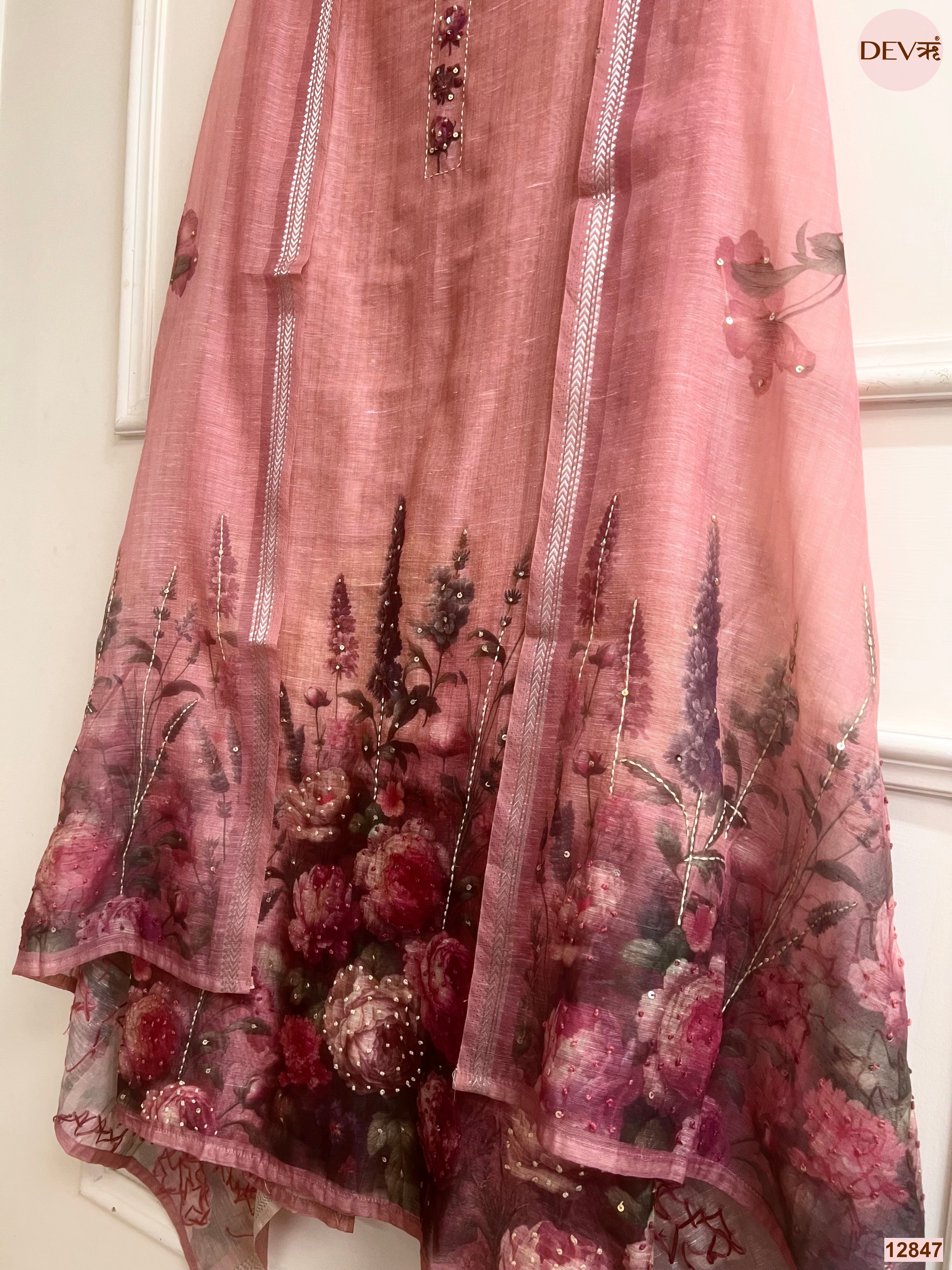 Pink Mul Chanderi Printed Unstitched 3-Piece Suit (Devri – D.No 12847)