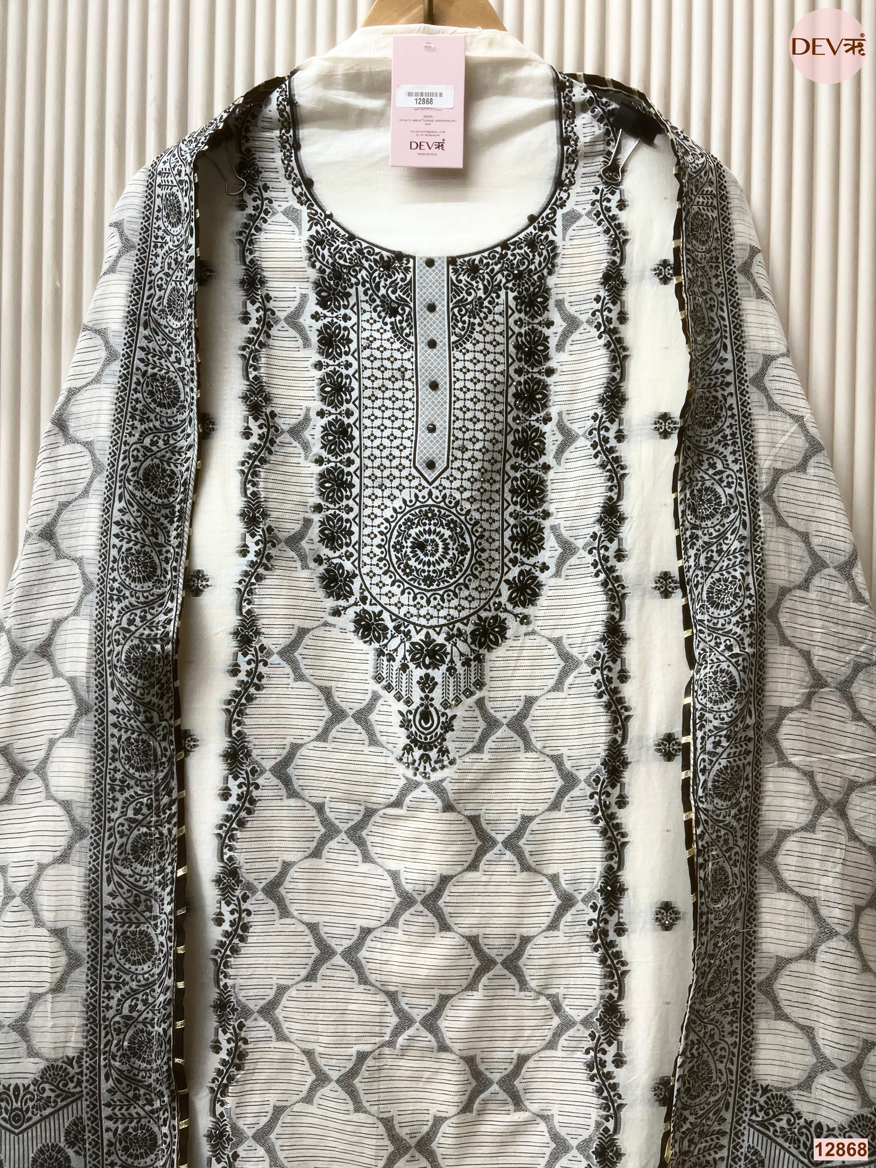 White Jamdani Cotton Printed Unstitched 3-Piece Suit (Devri – D.No 12868)