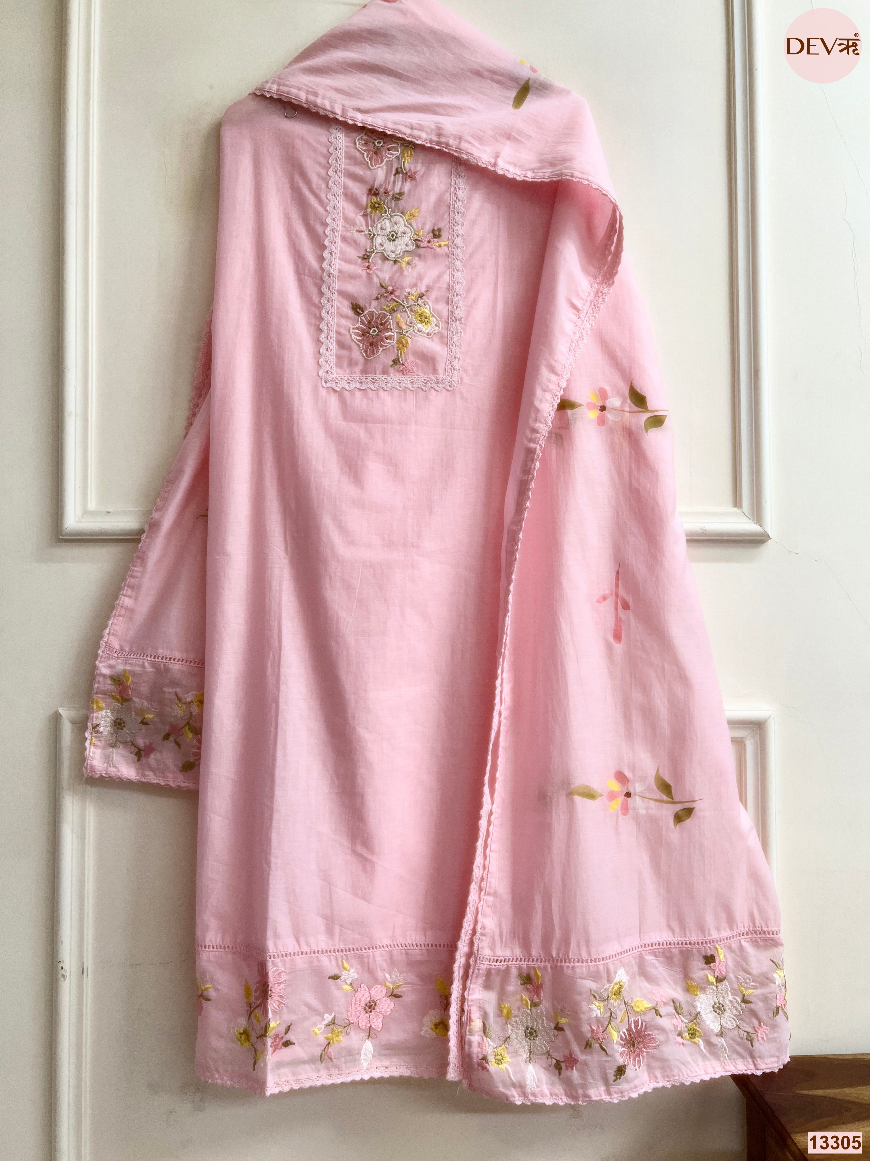 Pink Mul Cotton Embroidered Unstitched 3-Piece Suit (Devri – D.No 13305)