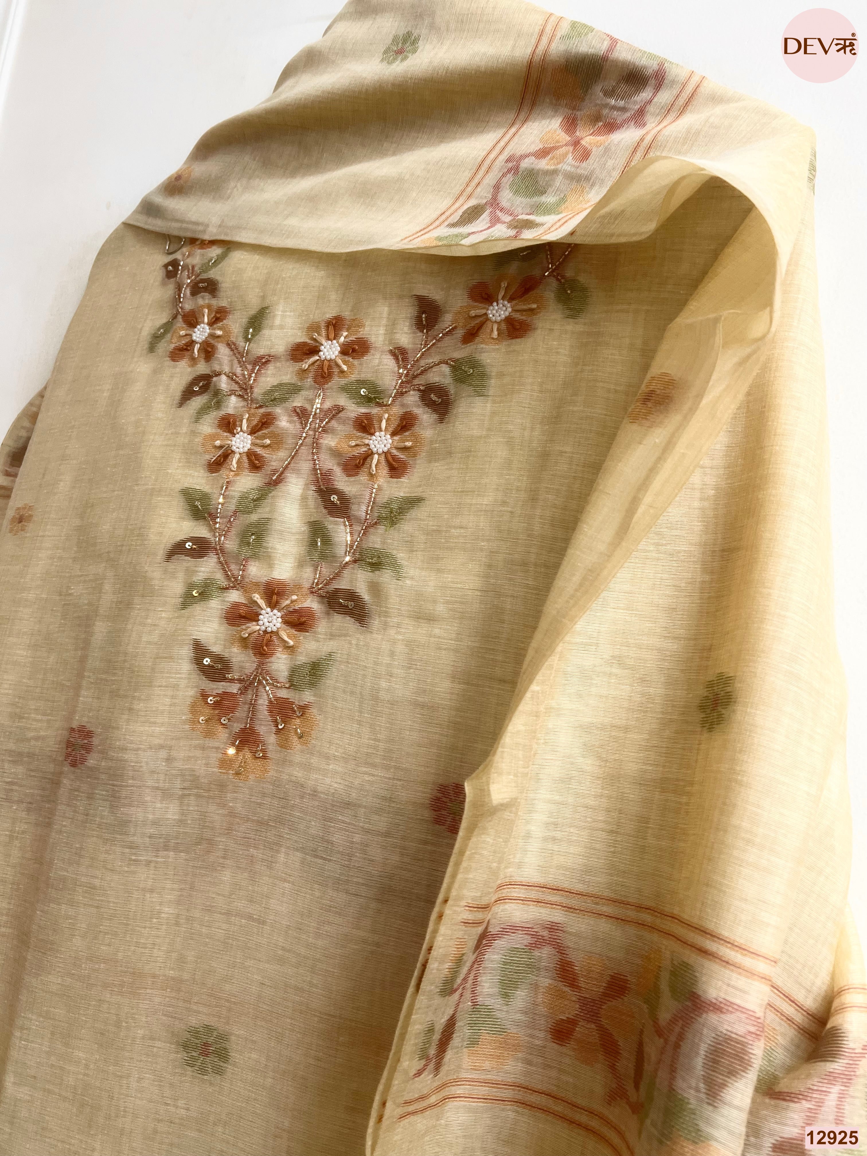 Cream Jamdani Cotton Embroidered Unstitched 3-Piece Suit (Devri – D.No 12925)