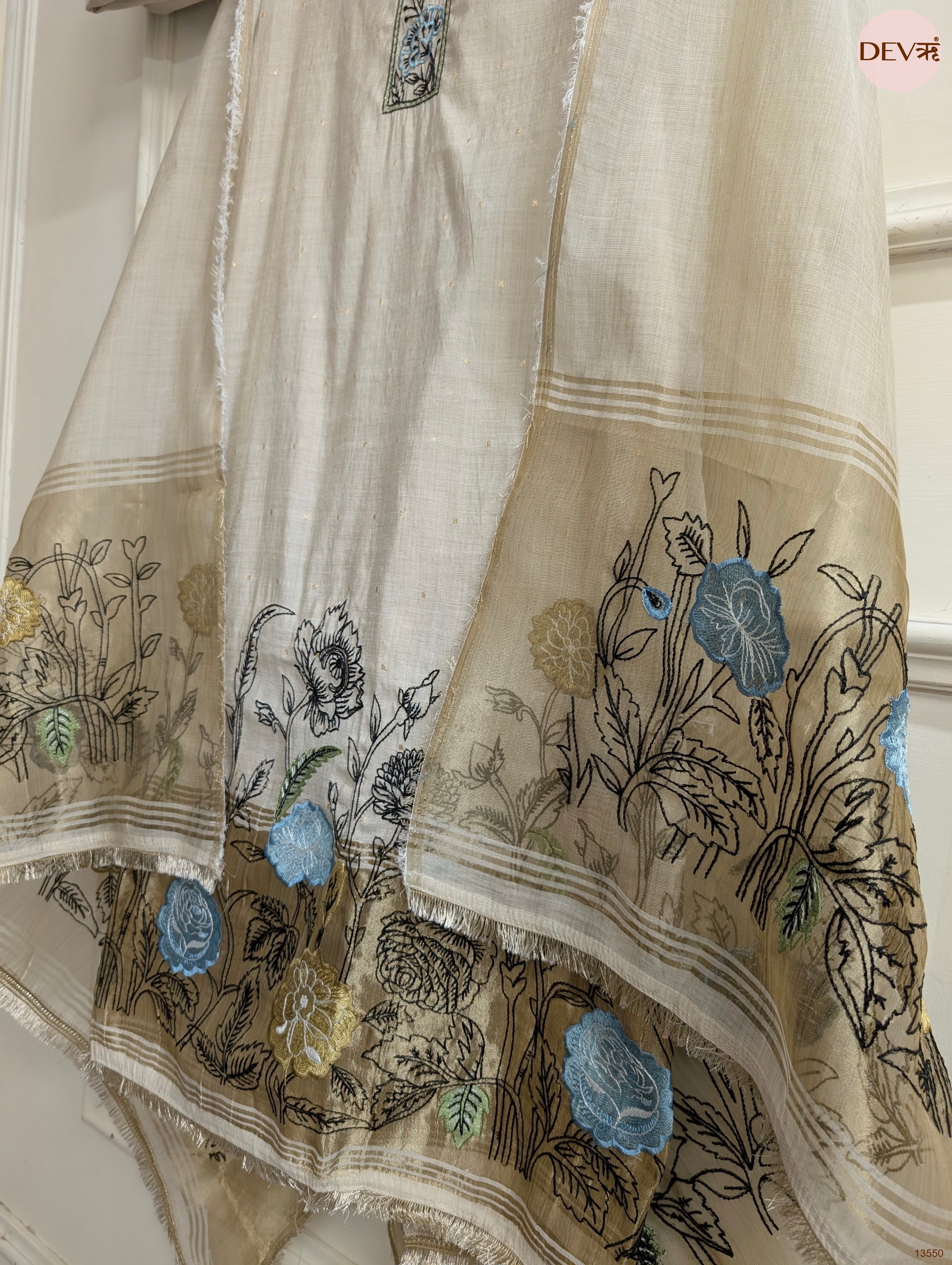 Beige Mul Chanderi Embroidered Unstitched 3-Piece Suit (Devri – D.No 13550)