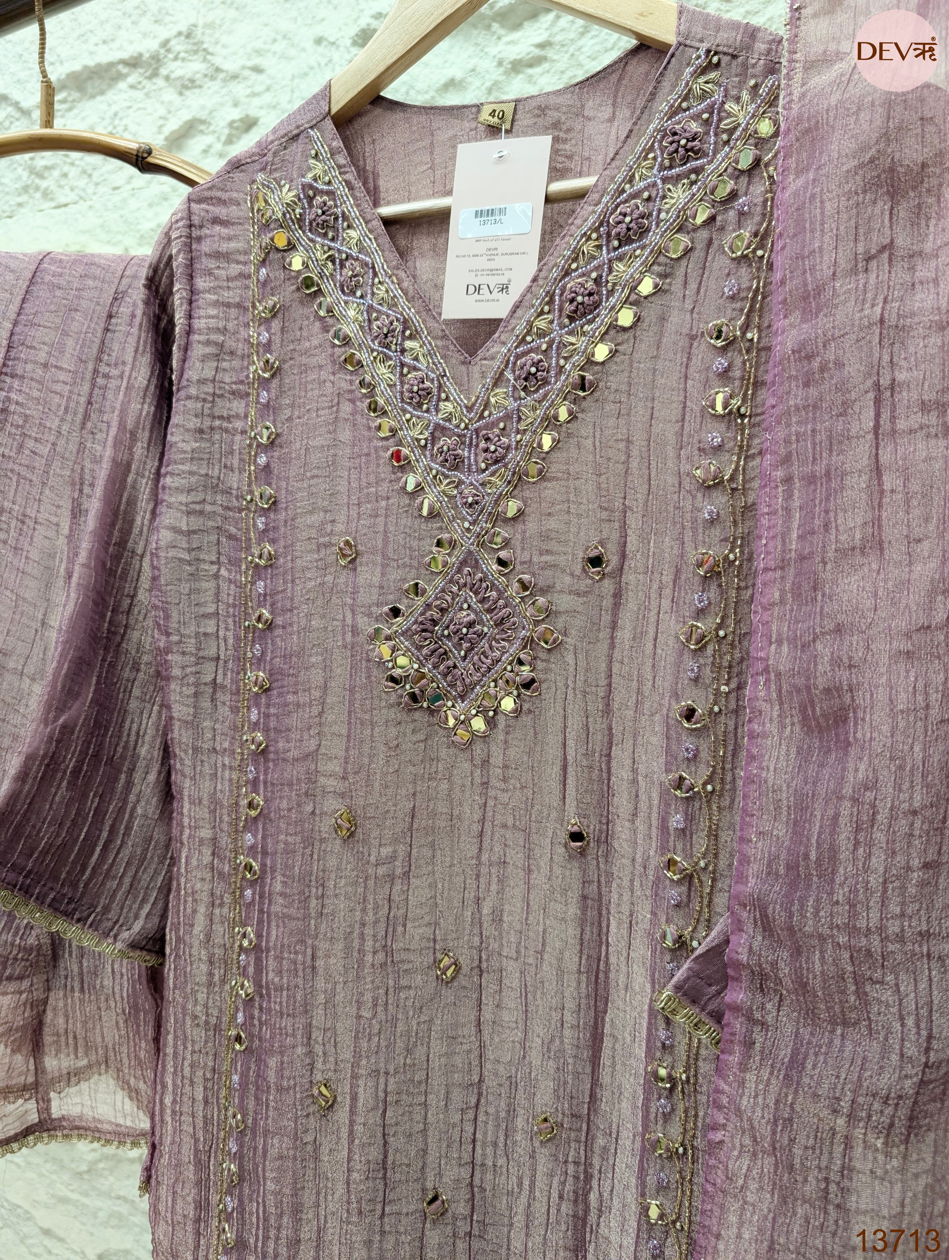 Gulnaar Tissue silk Embroidered Mauve 3-Piece Set (Devri – D.No 13713)