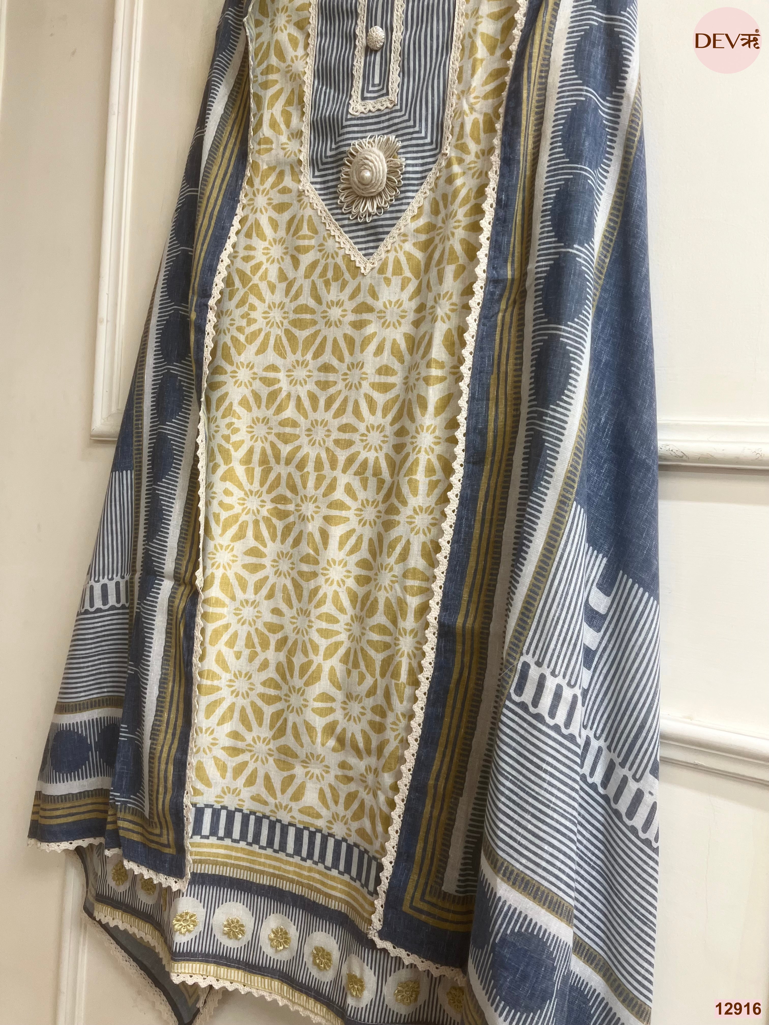 Mustard Cotton Khadi Printed Unstitched 3-Piece Suit (Devri – D.No 12916)