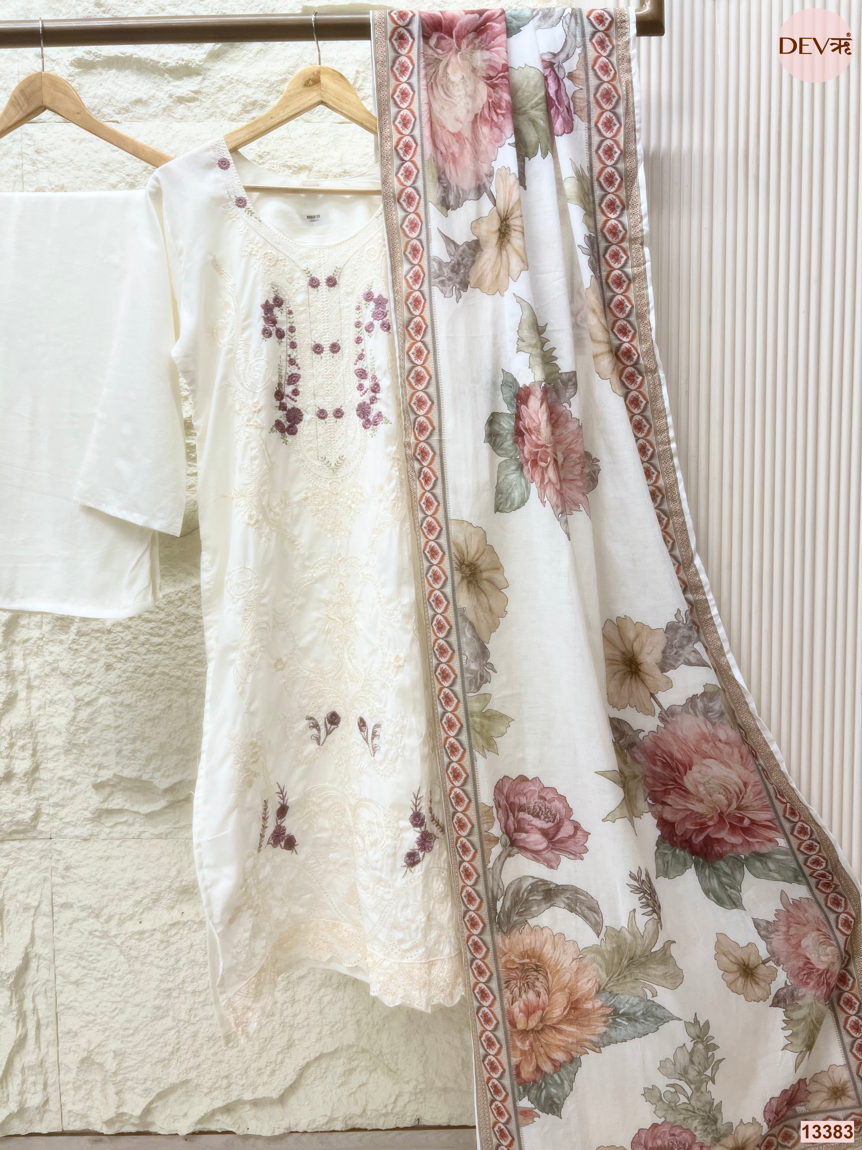 Gulnaar Pure Mul Cotton Embroidered Off-White 3-Piece Set (Devri – D.No 13383)