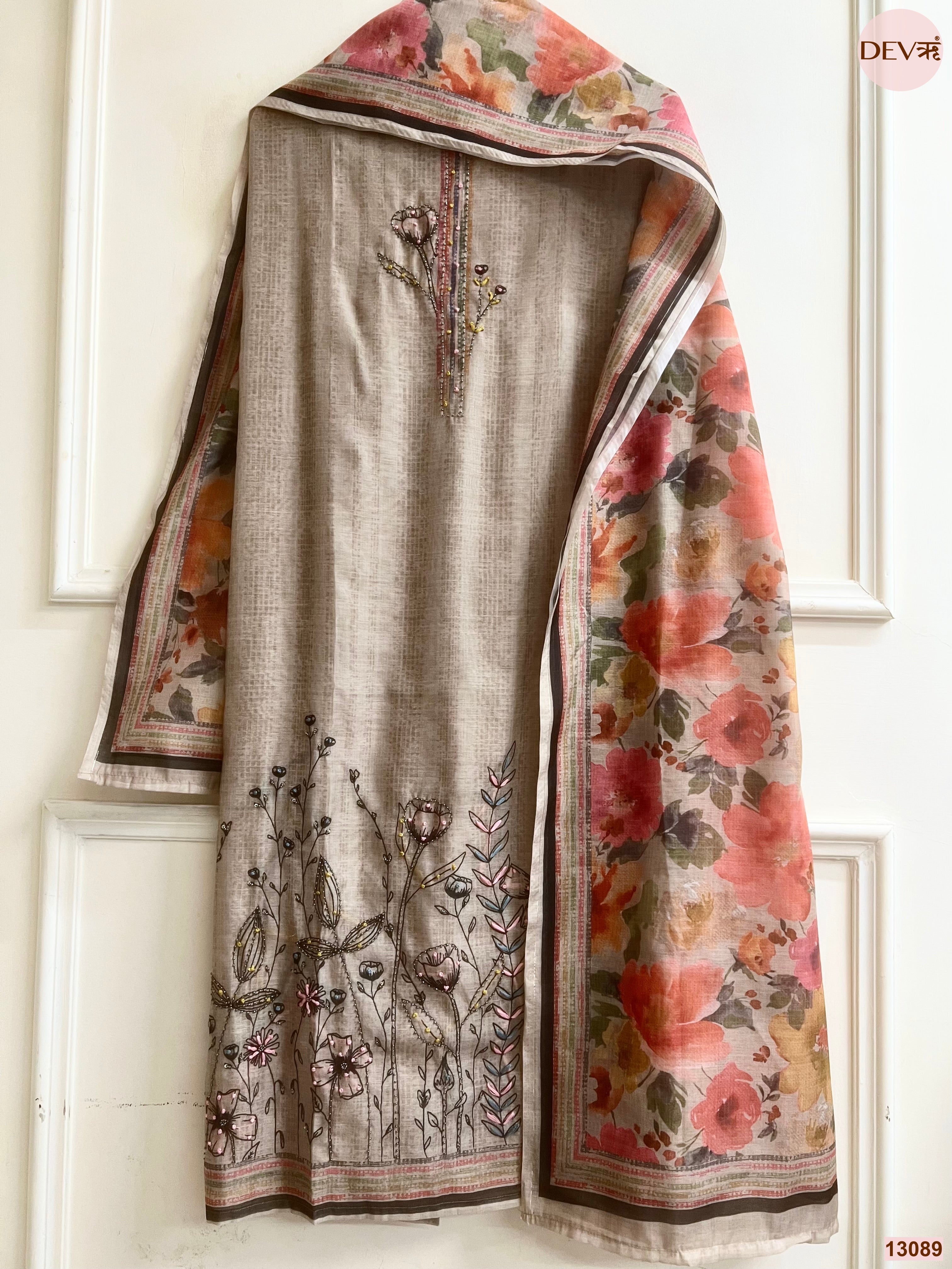 Beige Mul Chanderi Printed Unstitched 3-Piece Suit (Devri – D.No 13089)