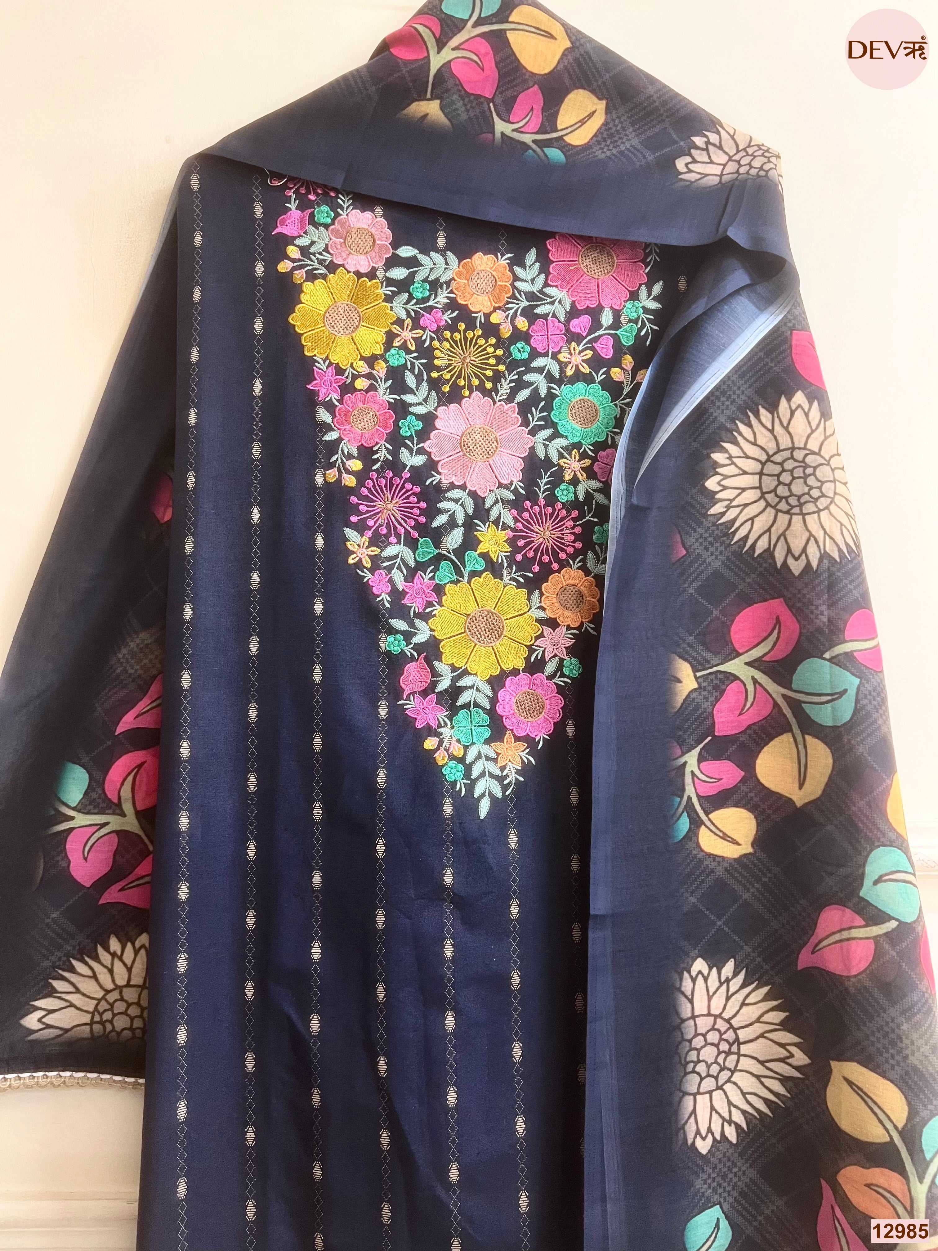 Navy Cotton Handloom Printed Unstitched 3-Piece Suit (Devri – D.No 12985)